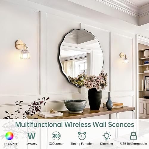 Miniatura 2 de Candelabro de Pared Vintage Operado por Batería con Linda Lámpara de Vidrio Transparente de Tulipán, Luz de Pared Recargable Inalámbrica Alimentada