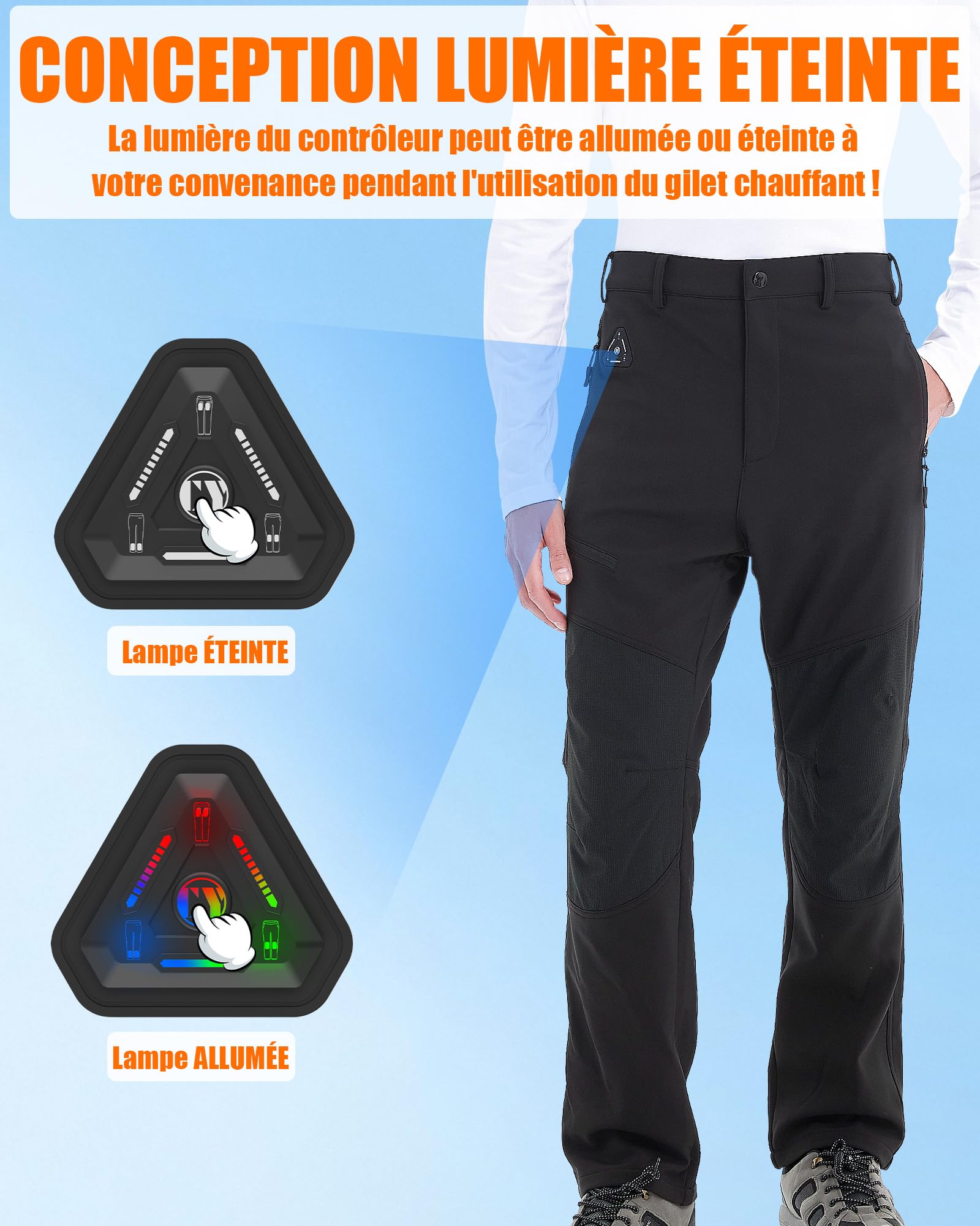 Pantalon Chauffant Femme & Homme avec Batterie 7,4V 20000mAh et Commande 4-en-1 – Pantalon Thermique Imperméable ave (FR/ES, Alpha/Lettres, S, Taille Normale, Taille Normale, 20 000 mAh – Noir)
