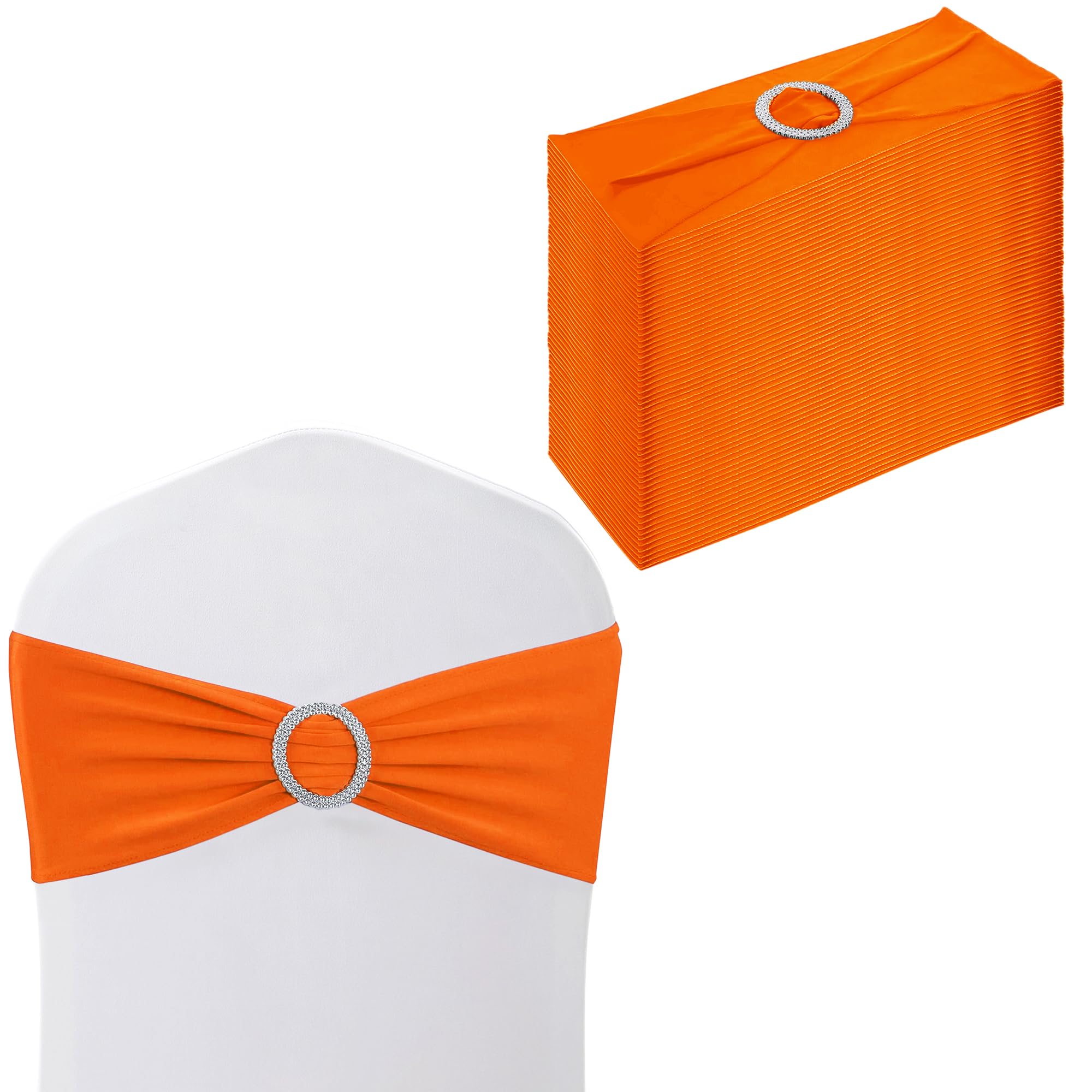 Trimming Shop 13"x5" Spandex Chair Bands with Slider Buckle – Stretchy Elastic Chair Sash, Chair Cover Bands for Wedding, Party, Reception, Banquet, Event & Venue Décor (Pack of 50, Orange) — image 1