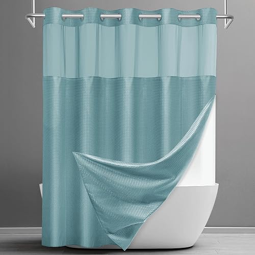 Miniatura 25 de Cortina de ducha sin gancho con forro a presión, cortina de ducha de gofre para baño, tela estilo hotel, forro interior impermeable, 71 pulgadas de