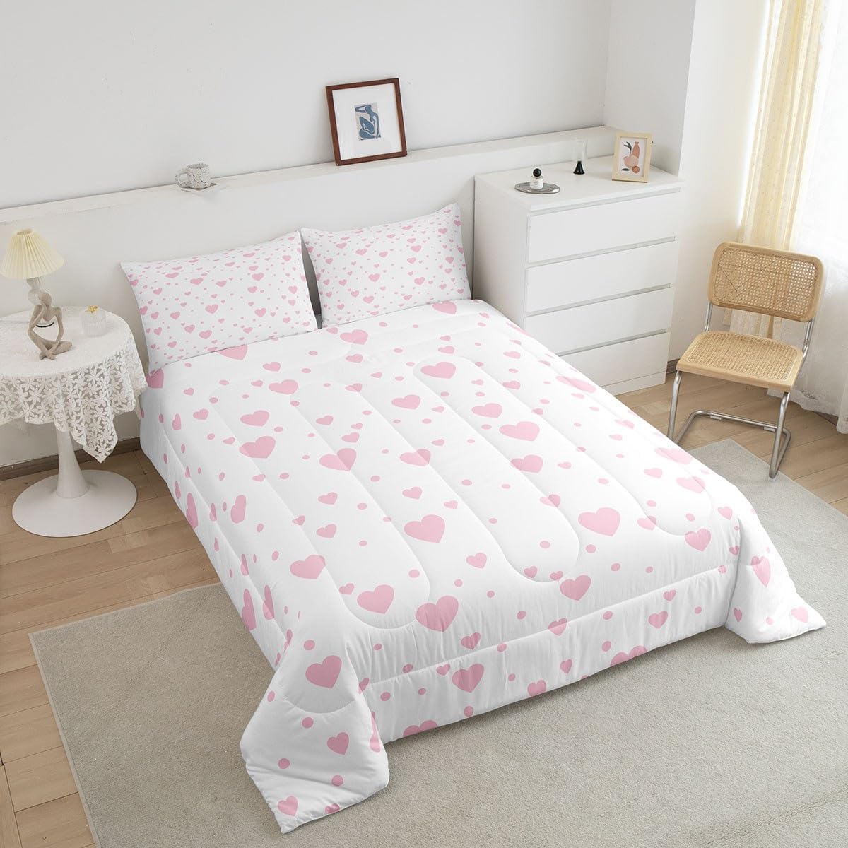 Feelyou Hearts Bedding Set Queen, Cute Love Hearts Comforter for Boys Girls Pink and White Reversible Comforter Set Geometric Pattern Duvet Set Decorative with 2 Pillow Case Reversible