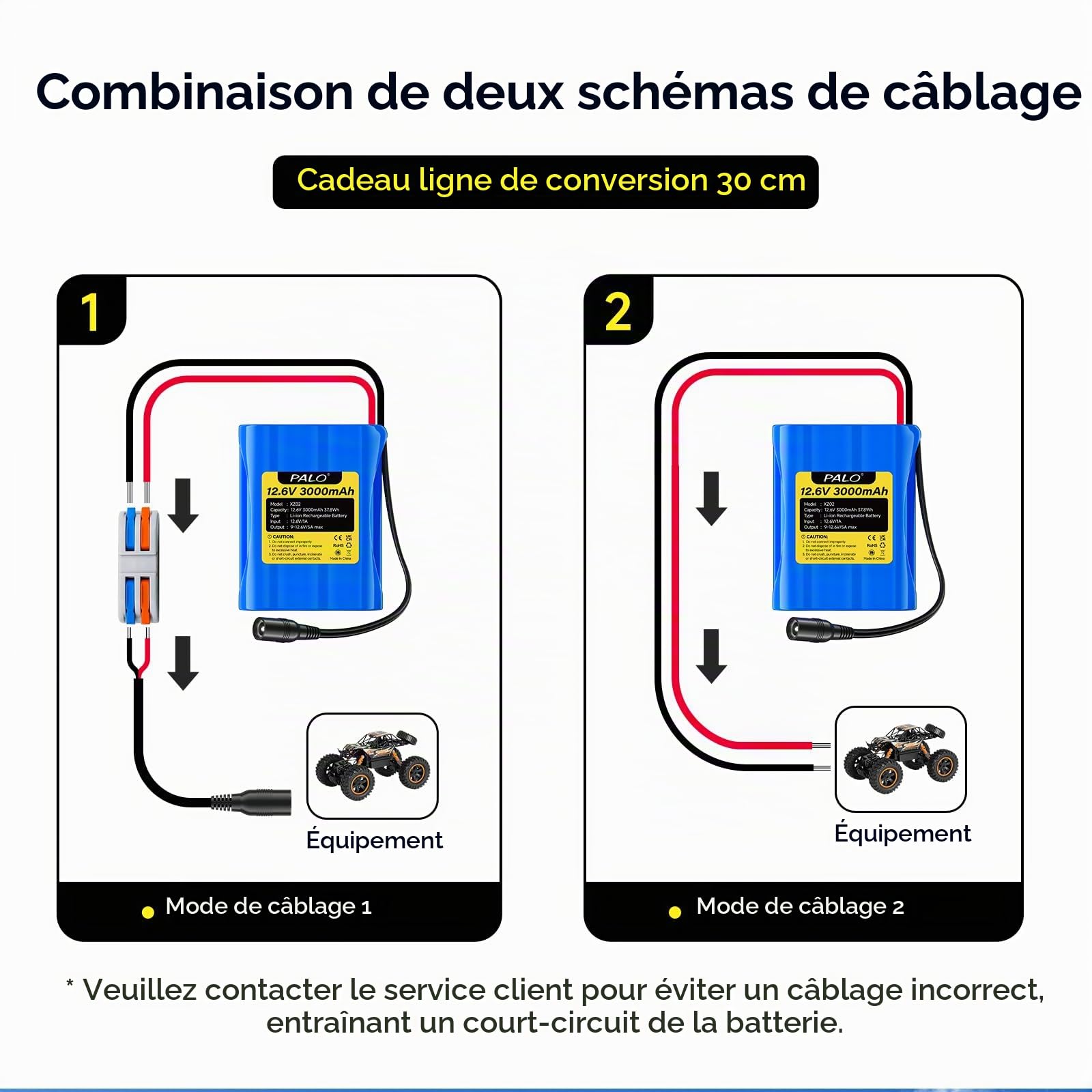 Batterie Lithium-ION 12,6 V 3000 mAh avec Chargeur et 2 Lignes de Connexion pour Panneau Solaire, Radio, appareils Photo, caméscopes, Orgue électronique, Lampe de Lecture DIY, Sonar