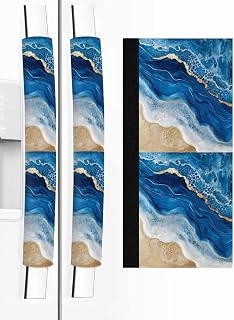 Refrigerator Door Handle Covers Set of 2, Abstract Beach Ocean Wave Kitchen Appliance Handle Covers Sea Shore Spray Blue Golden Kitchen Decor Handle Protector for Fridge