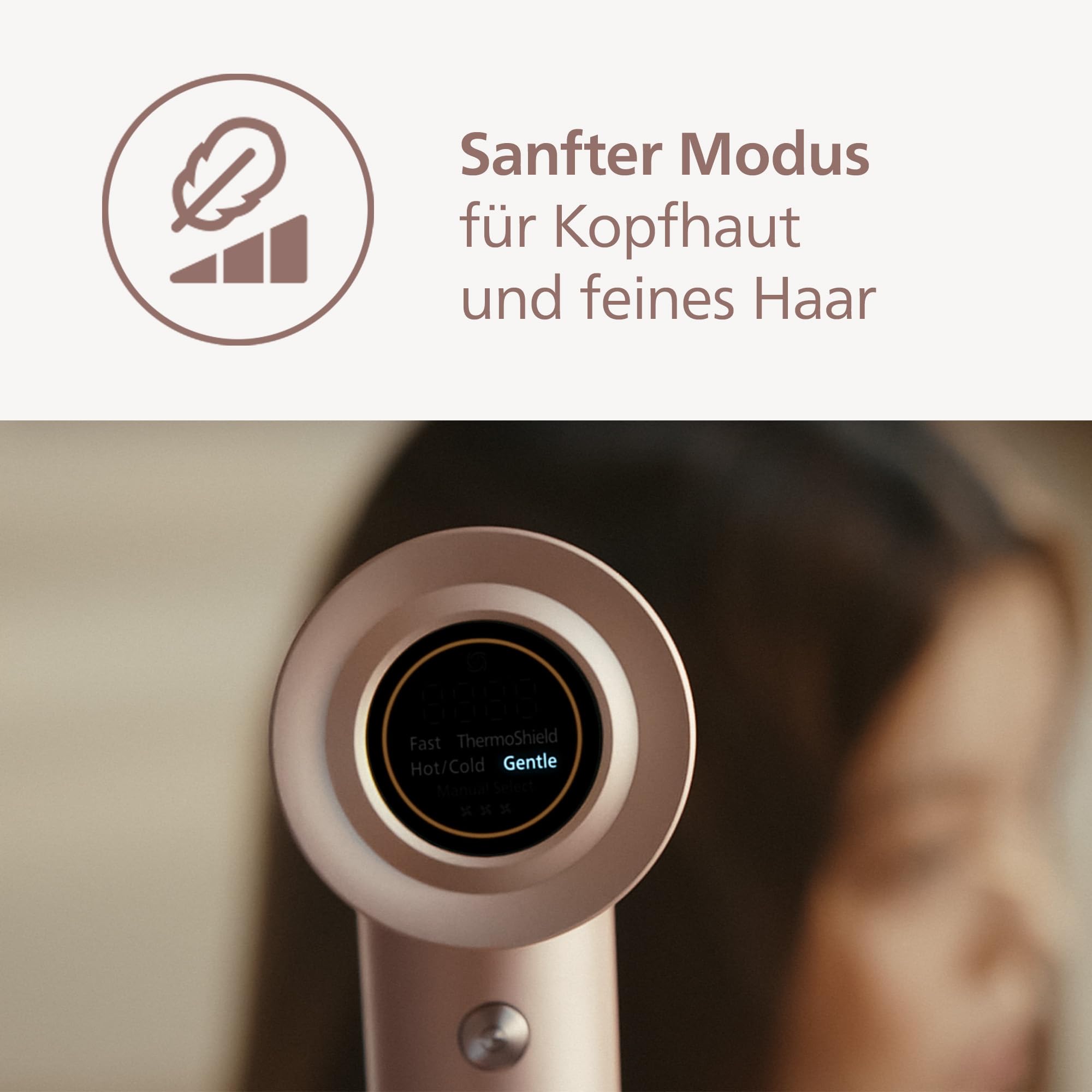 Philips Haartrockner Series 8000 – mit ThermoShield Advanced und bürstenlosem DC-Motor für schnelles Trocknen, Kopfhautpflege, 1400 W, Rosé Champagner, mit Stylingdüse und Diffusor, Modell BHD837/10