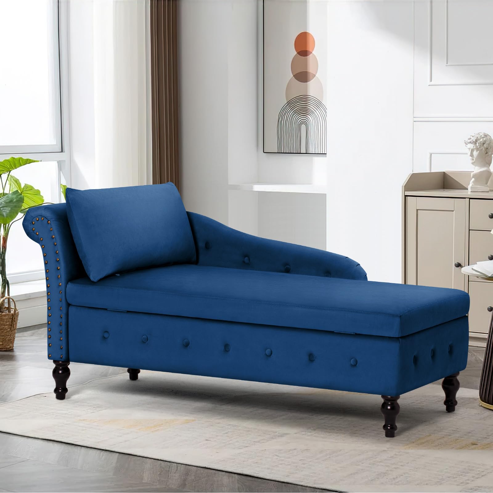 Upholstered Velvet Chaise Lounge with Left Armrest & Storage Space,Button Tufted Lounge Chair w/Lumbar Pillow,Modern Lounge Chair for Bedroom, Living Room and Office,Blue
