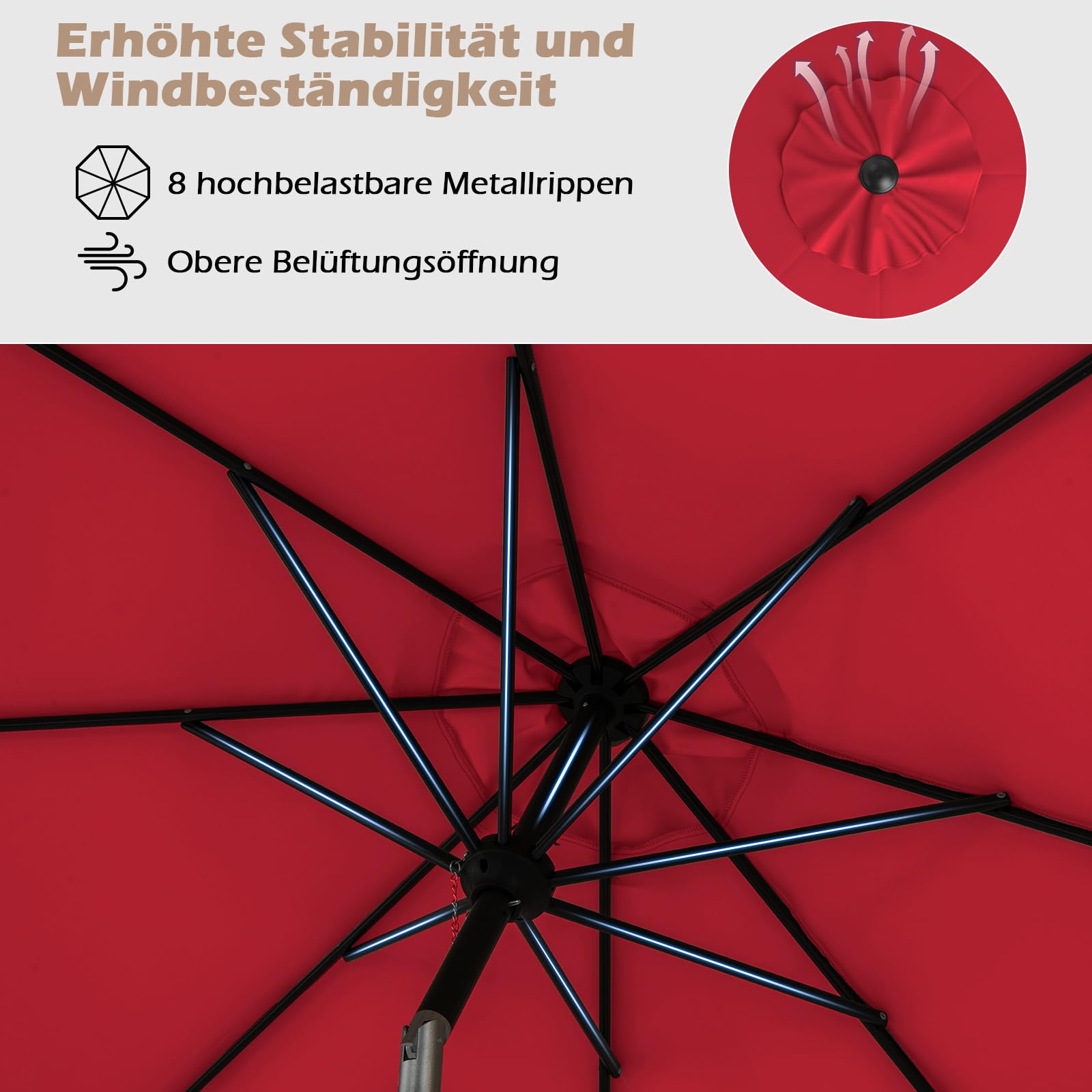 GOPLUS Sonnenschirm 300cm, Gartenschirm beidseitig um 25° knickbar, Terrassenschirm mit Kurbel, Balkonschirm mit 8 Rippen, Marktschirm für Garten, Balkon & Terrasse, Weinrot