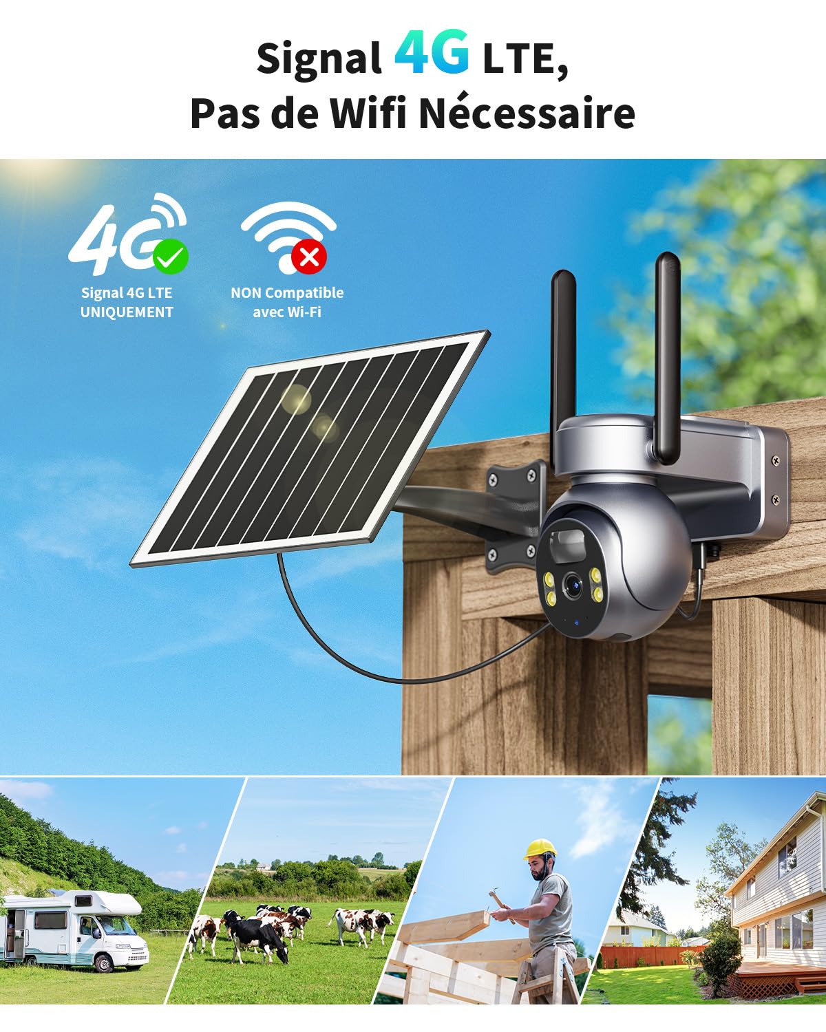 4G LTE Cellulaire Caméra Solaire avec 7.5W Panneau Solaire, 2K HD IP Caméra Extérieur de Surveillance sans Fil avec Carte Sim, Vision Nocturne Coloré et Détection PIR, Imperméable IP66