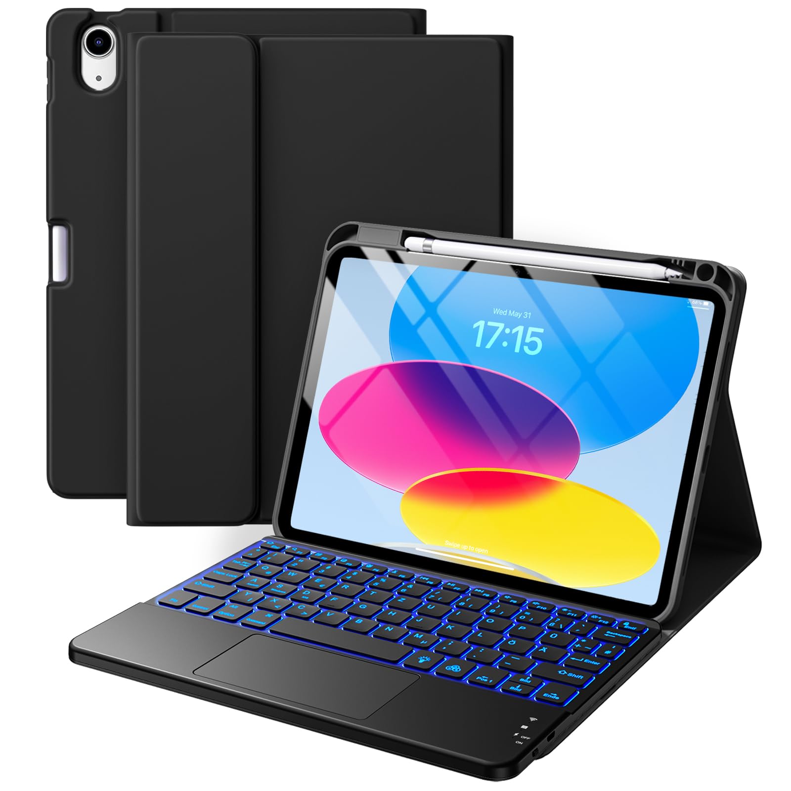 Vobafe Touchpad Hülle mit Tastatur für iPad A16 11 10 Generation 2025 2022, 11/10,9 Zoll, Magnetische Abnehmbar Tastatur, 7 farbige beleuchteter, mit Stifthalter, QWERTZ Layout, Schwarz