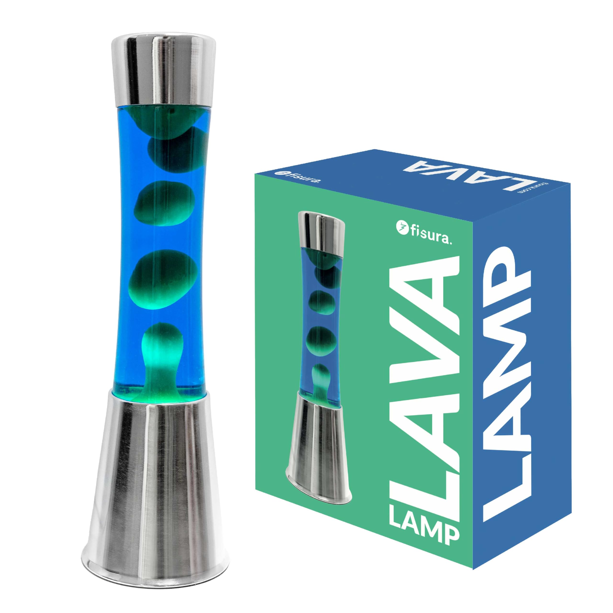 Fisura - Lavalampe grün und blau. Verchromter Sockel, blaue Flüssigkeit und grüne Lava. Entspannender Effekt. Mit Ersatzglühbirne. 11 cm x 11 cm x 39,5 cm.