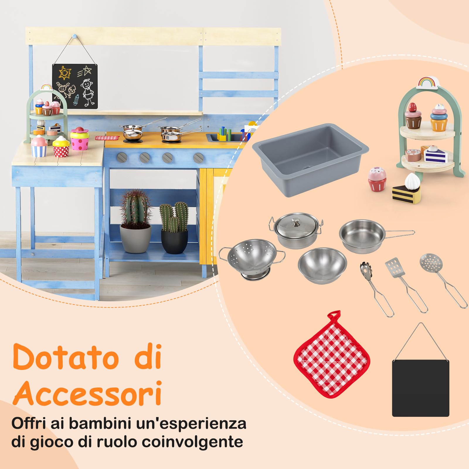 COSTWAY Cucina Giocattolo per Giardino con Tavolo e Panchina da Picnic, Cucina per Bambini in Legno di Abete con Fornelli, Lavandino, Lavagna e Forno, con 17 Accessori, 150 x 71 x 98 cm (Blu)