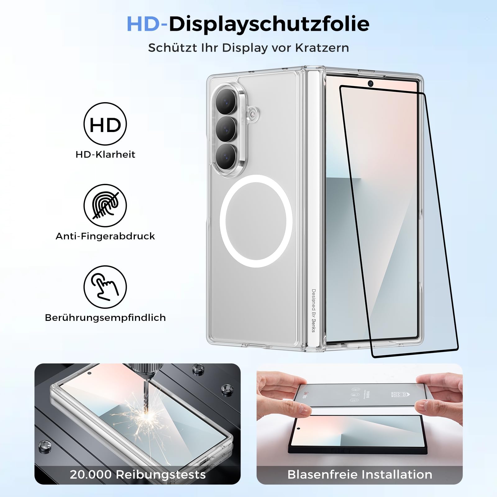 BENKS Clear Combo für Samsung Galaxy Z Fold 7 Hülle, Magnetische Schutzhülle mit Scharnierschutz und Schutzfolie, MagSafe-Kompatibel, Stoßfest, Dünn & Leicht, Vergilbungsresistent