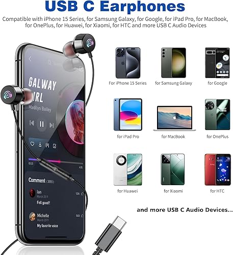 Miniatura 2 de COOYA USB C Erabuds Auriculares intrauditivos para Samsung Galaxy S24 S23 Ultra Flip5 S22 A54 S21 FE Tipo C Auriculares con cable estéreo de