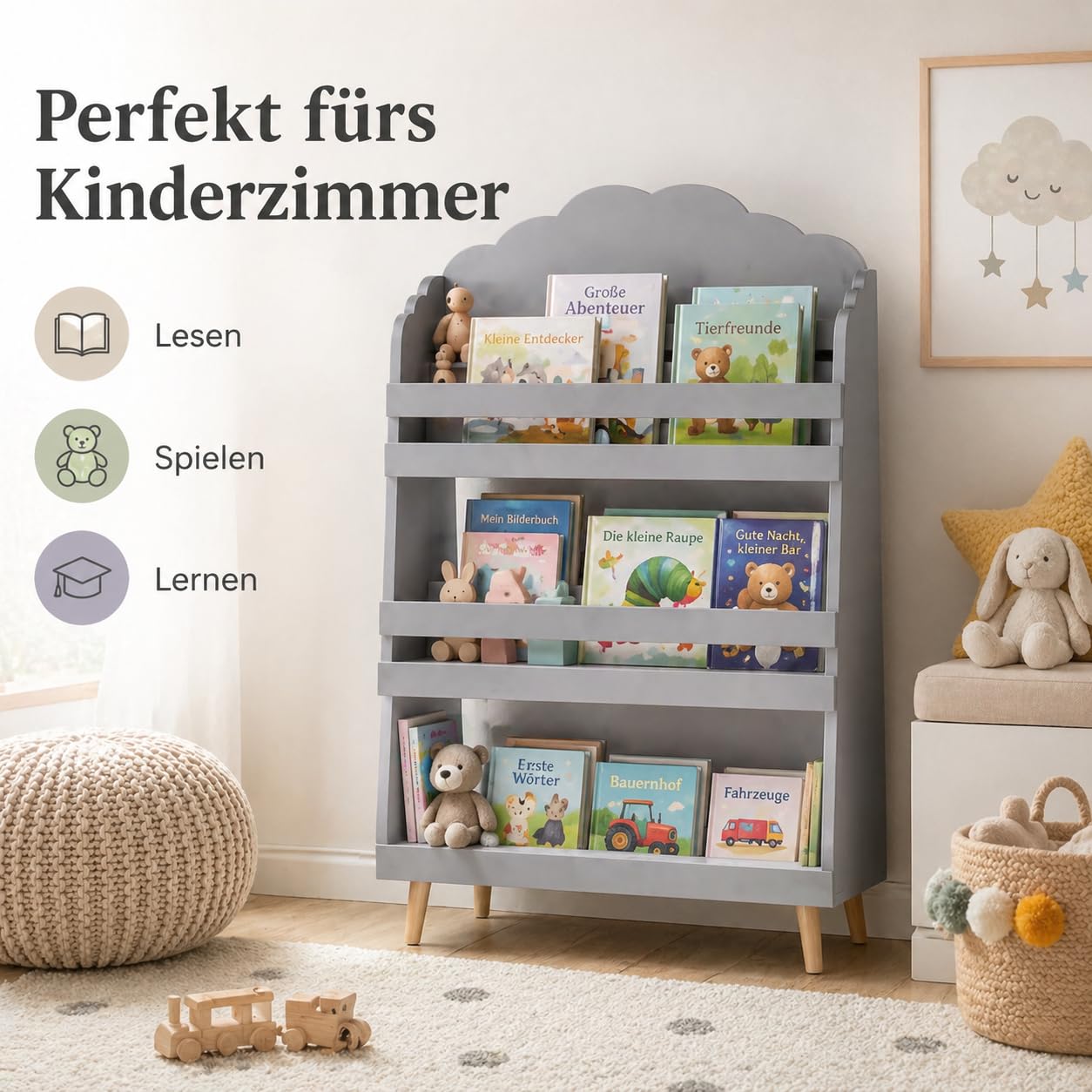 Mevsim Store Kinderregal Bücherregal Kinder – Spielzeugregal & Spielzeug Aufbewahrung – Kinderzimmer Regal Grau aus MDF Holz – Montessori Aufbewahrungsschrank für Bücher, Spielzeug & Lernmaterial Küche, Haushalt & Wohnen