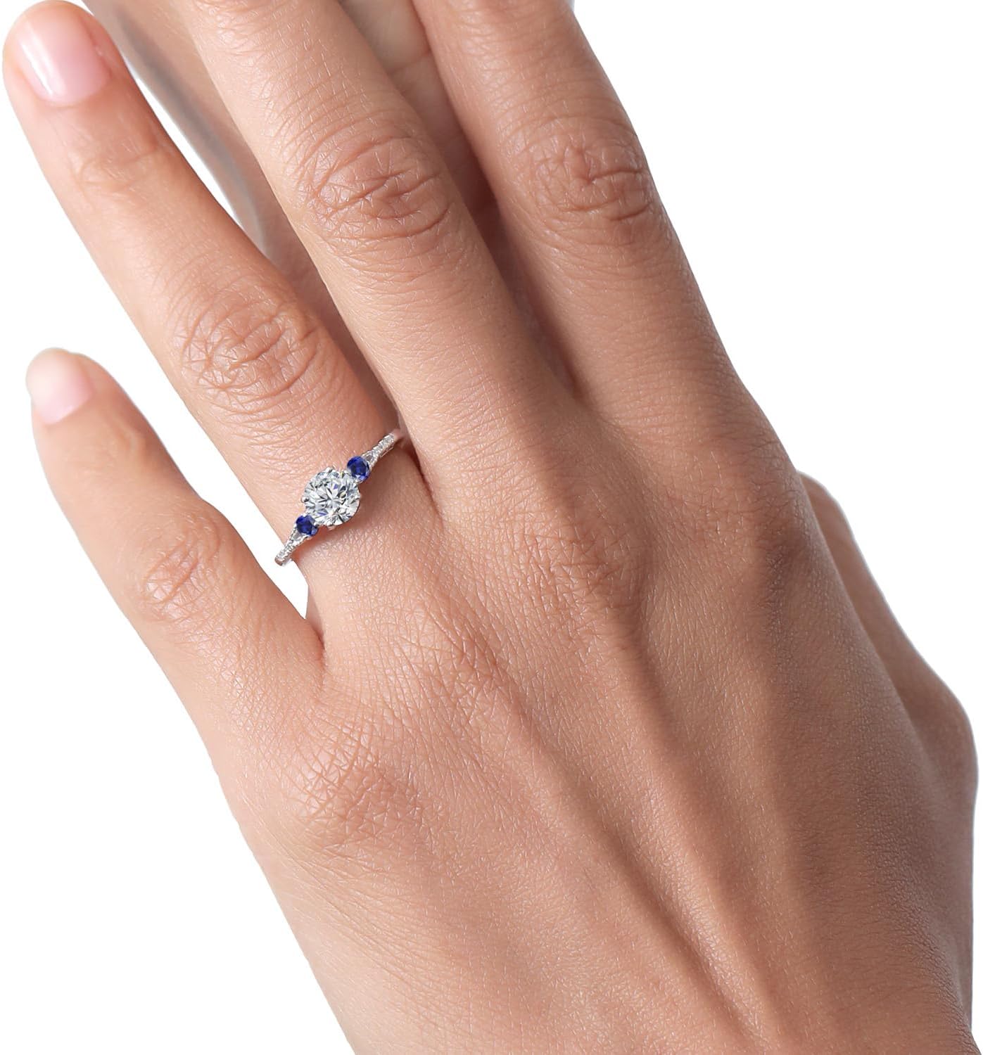 Gem Stone King 10K White Gold Lab Grown Diamond and Blue Created Sapphire Engagement Ring For Women | 0.87 Cttw | Round 6MM | Gemstone Birthstone | Wedding Engagement Anniversary Promise Ring - Image 6