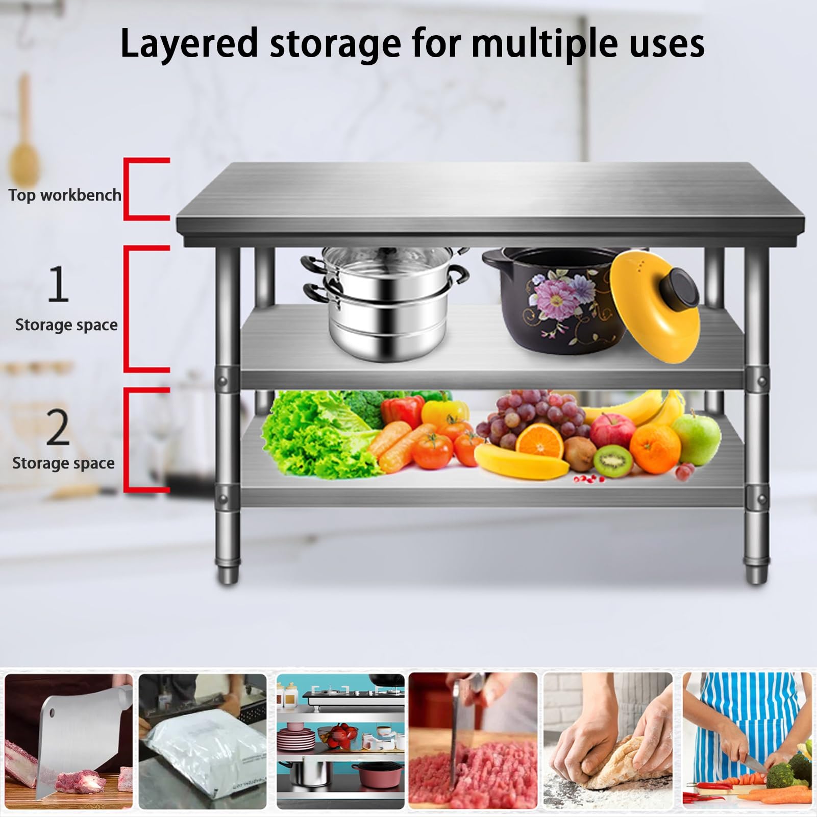 Mesa de trabajo de acero inoxidable resistente, mesa de preparación comercial para cocina, restaurante, garaje, preparación de alimentos y fácil de limpiar, perfecta para chefs profesionales y