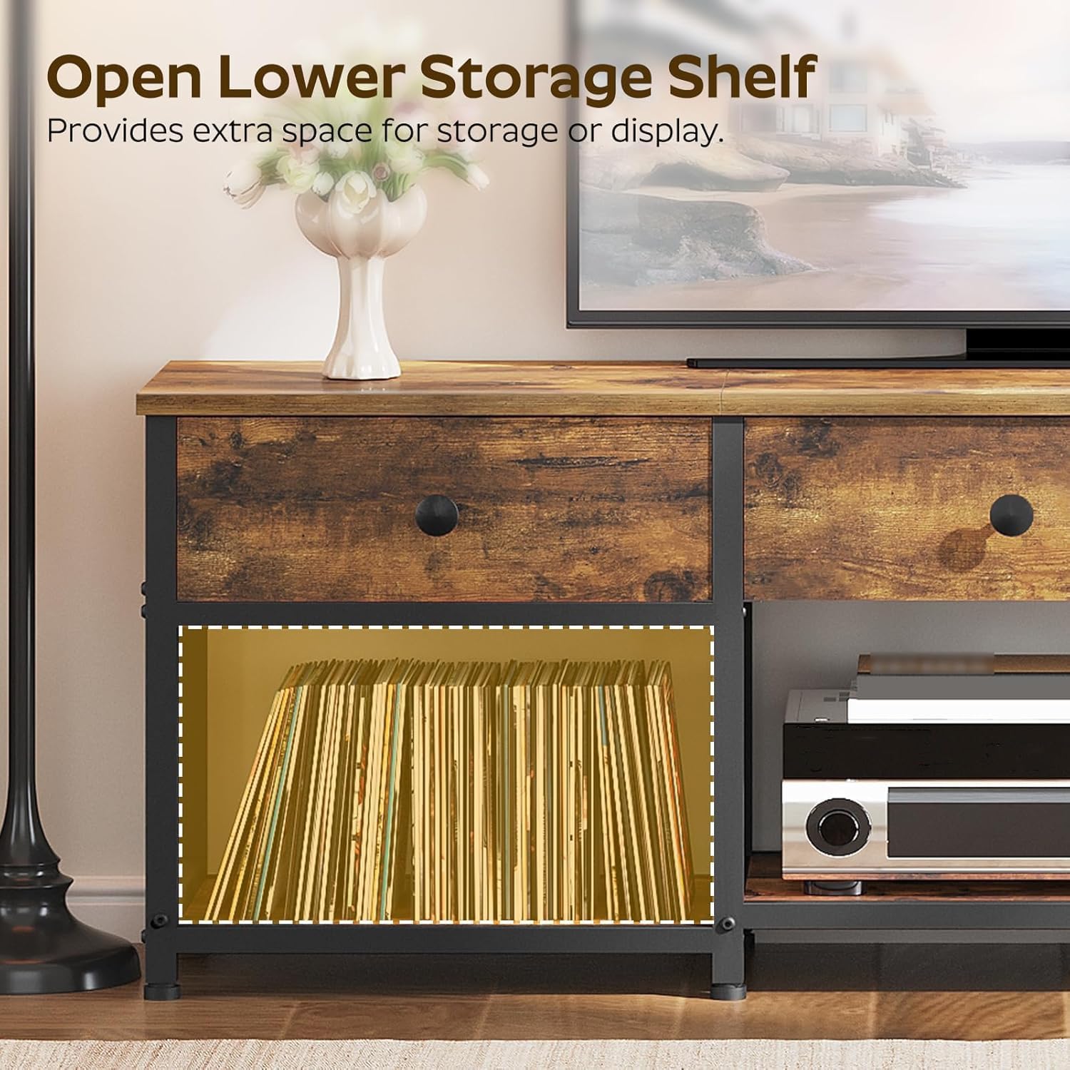 TV Stand with 3 Fabric Drawers for up to 50 Inch TV, 47.2" Industrial Media Console, Entertainment Center with Shelves for Living Room, Bedroom, Home Office, Rustic Brown and Black DS12BR