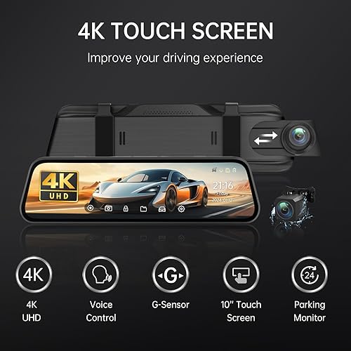 Miniatura 8 de Veement Cámara de espejo retrovisor 4K, cámara de tablero de espejo 4K de 10 pulgadas con cámara de respaldo de 1080P, cámara de tablero frontal
