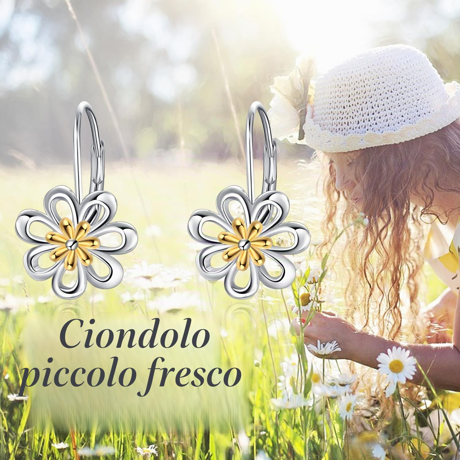 Orecchini Margherita Argento Sterling Placcato Oro Piccoli Orecchini Pendenti a Forma di Fiore Margherita con Chiusura Leverback Gioielli Cerchi Regali per Donne Fidanzata (Orecchini margherita)