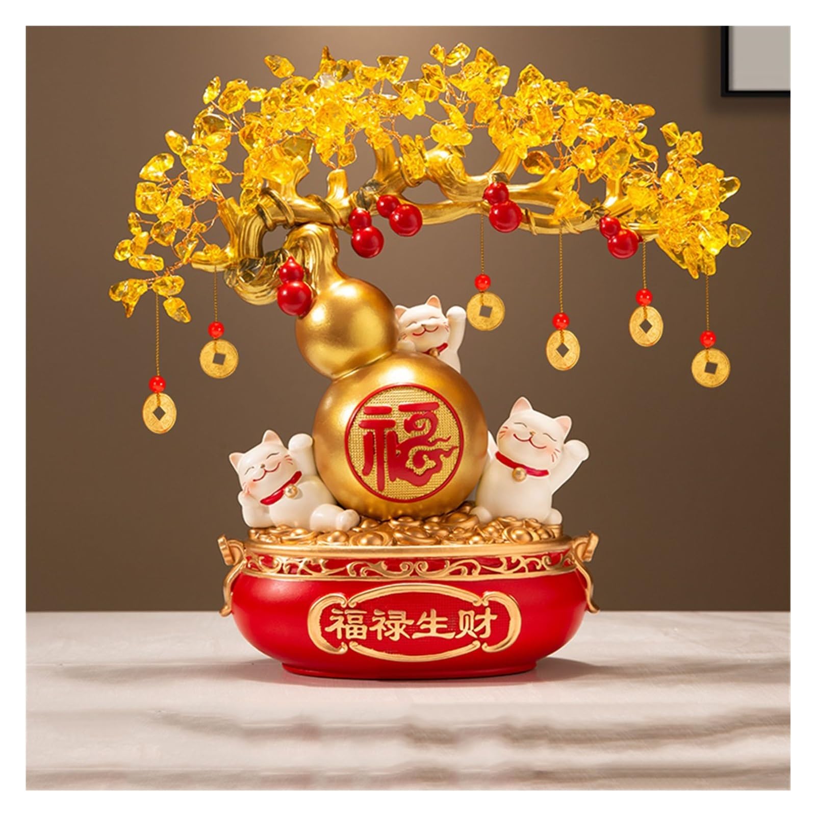 HCZKIUJY Luck and Wealth Crystal Tree Crystal Money Tree Feng Shui Decoration Lucky Cat Gourd Bonsai for Wealth and Prosperity Crystal Tree Chakra Money Tree (Gold)