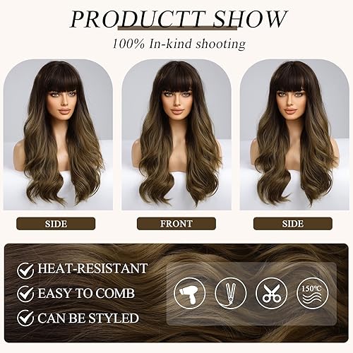 Miniatura 3 de EMMOR Pelucas de color marrón degradado para mujer, pelucas largas y rizadas con flequillo, pelucas sintéticas resistentes al calor, suaves y de