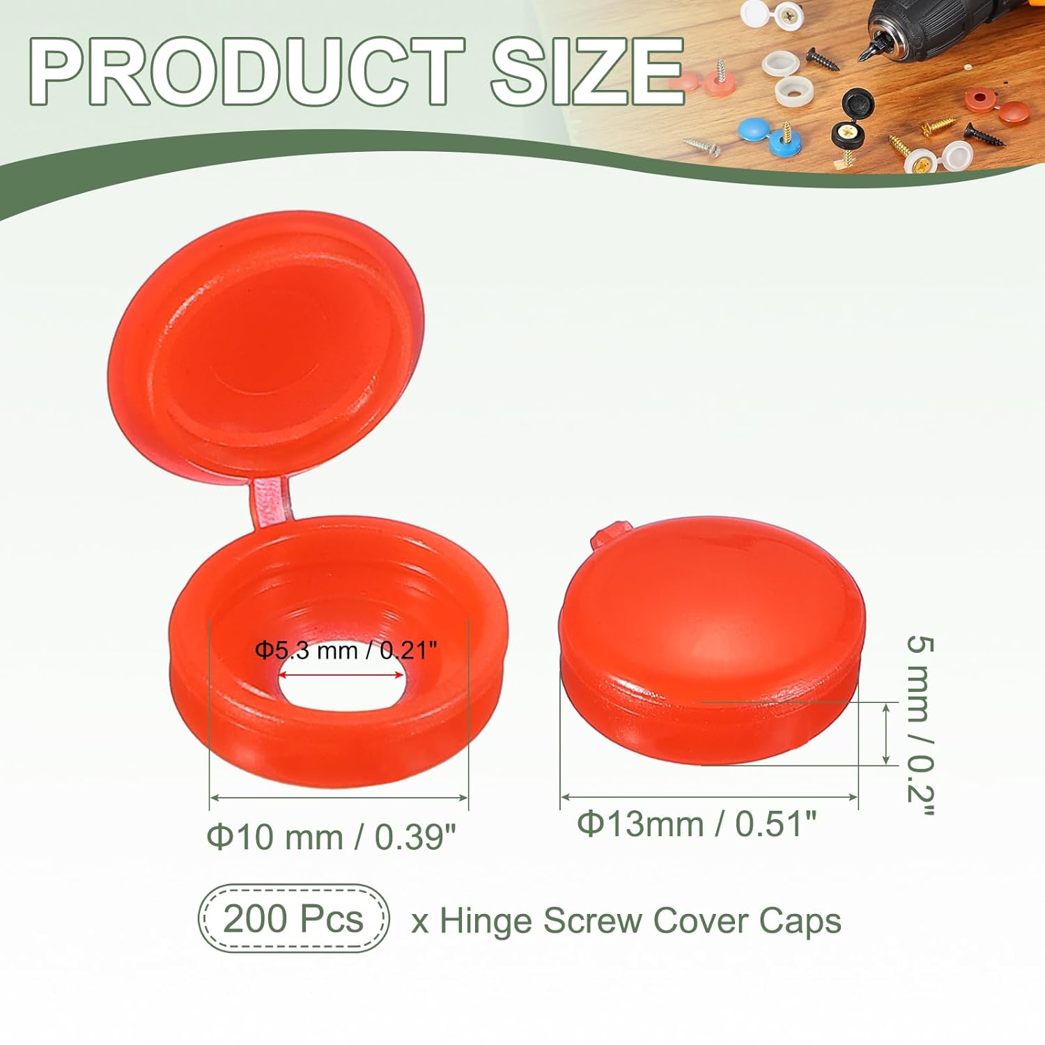 Screw Snap Covers, Plastic Hinged Screw Cover Caps Shutter Screws Fold Snap Washer- Fitting for (Windows - Railings - Home Furniture - Cabinets) 5 mm & 200 Pack & Bright Red