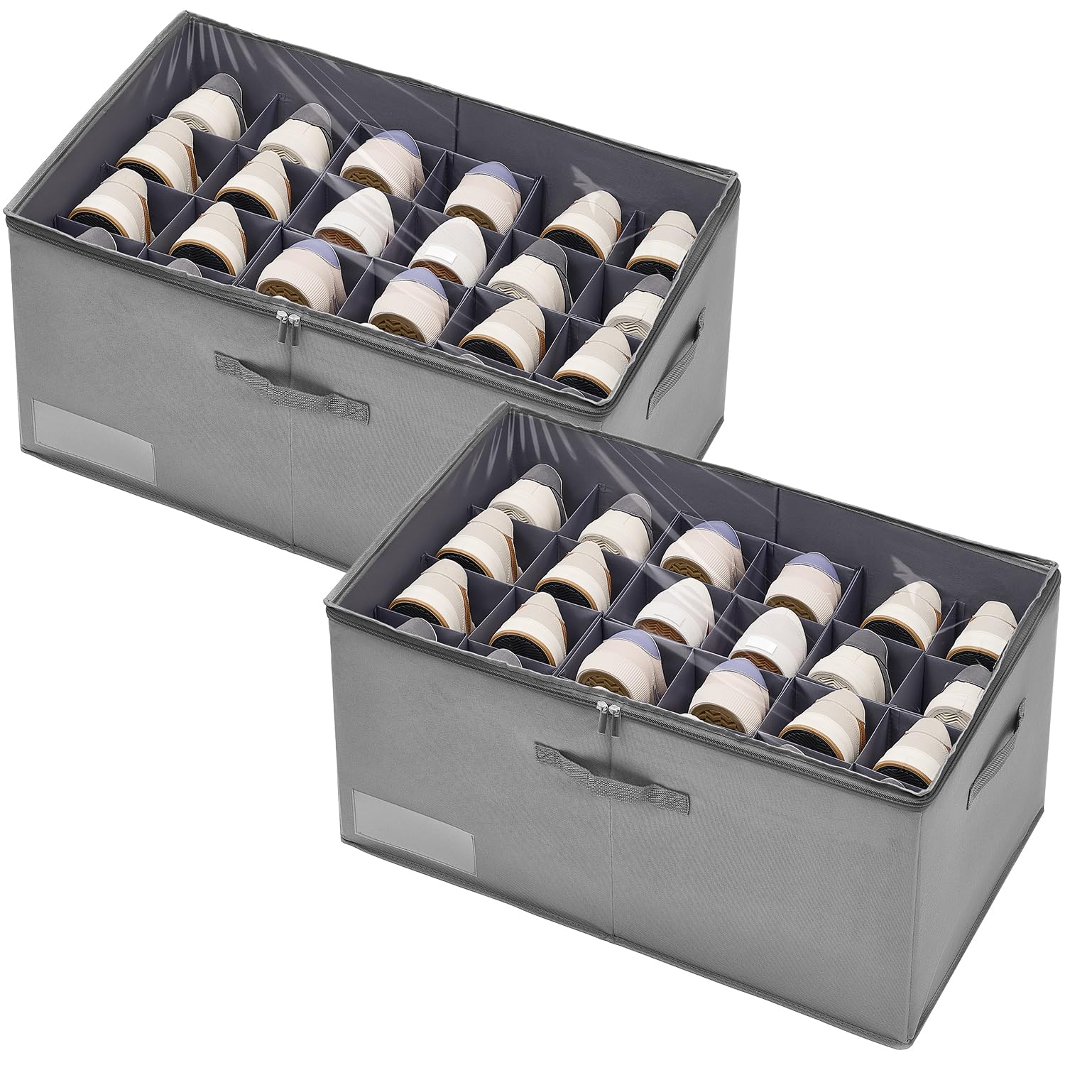 ASHLEYRIVER Organizer per scarpe per armadio, adatto per 12-24 paia, scatola per scarpe con coperchio trasparente, contenitori pieghevoli con manici, armadio salvaspazio adatto per sandali, grigio
