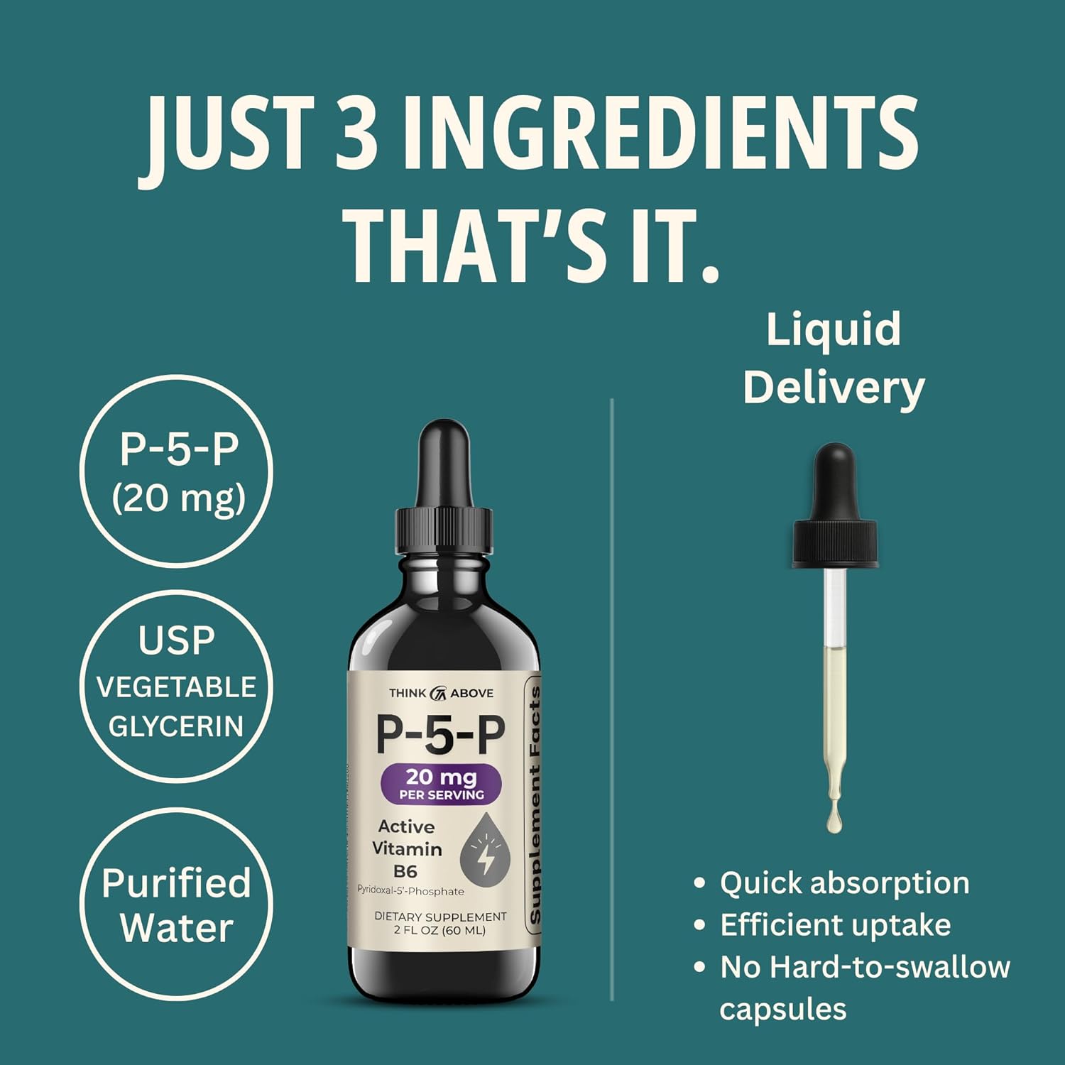 P5P Liquid Drops – Activated Vitamin B6 (Pyridoxal-5-Phosphate) – Fast Absorption Formula – Nervous System & Energy Support – 2 oz (60 mL) – Think Above - Image 3
