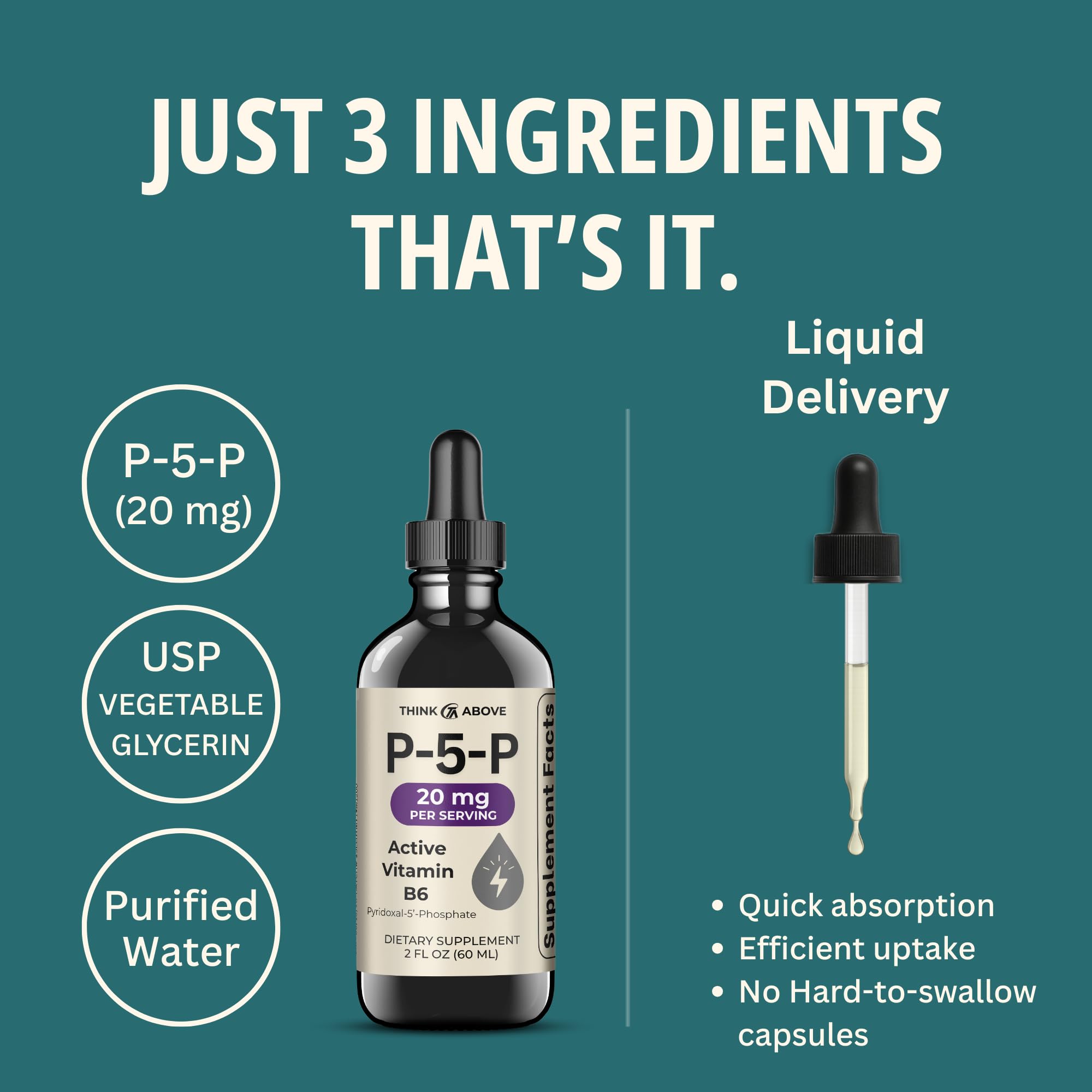 Think Above P5P Liquid Drops – Activated Vitamin B6 (Pyridoxal-5-Phosphate) – Fast Absorption Formula – Nervous System & Energy Support – 2 oz (60 mL) — Amazon image 3