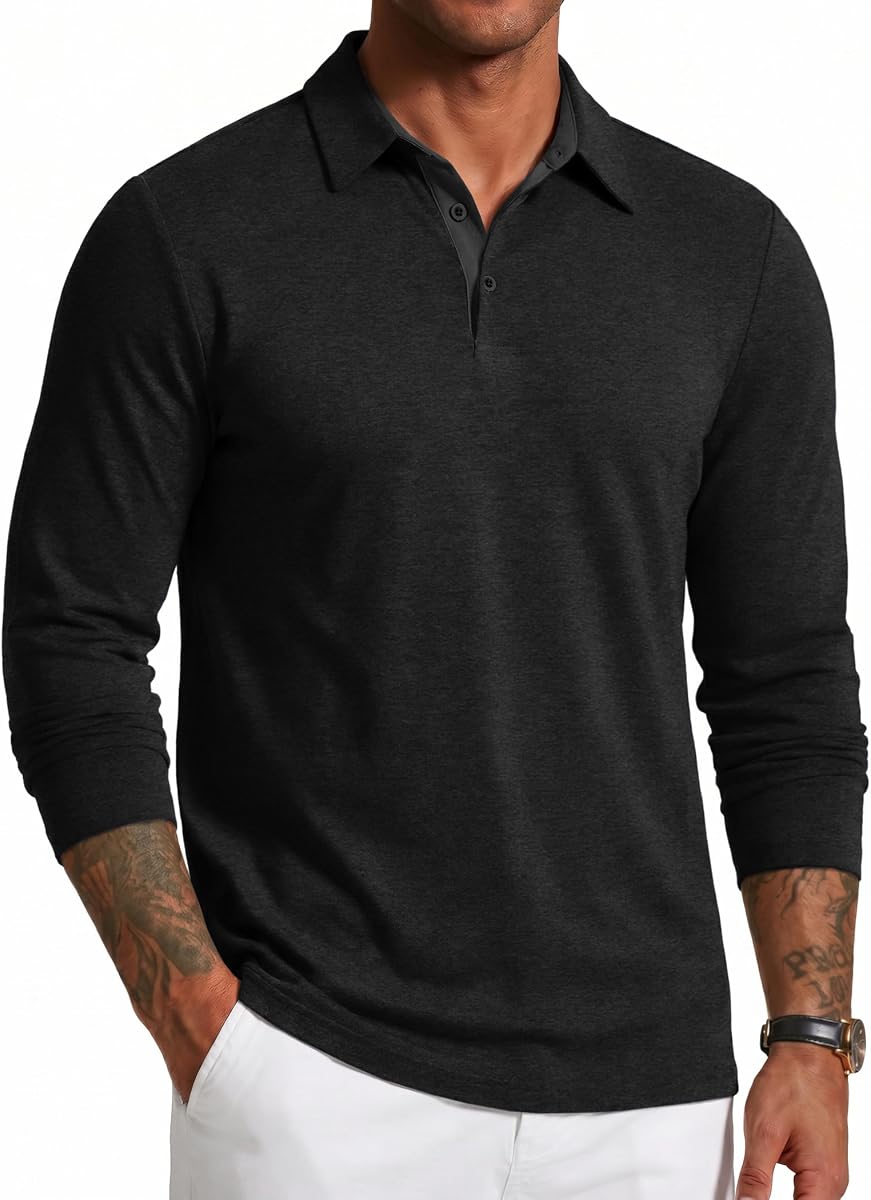 COOFANDY Mens Long Sleeve Polo Shirts Button Casual Tee Collared Work Pullover Shirts