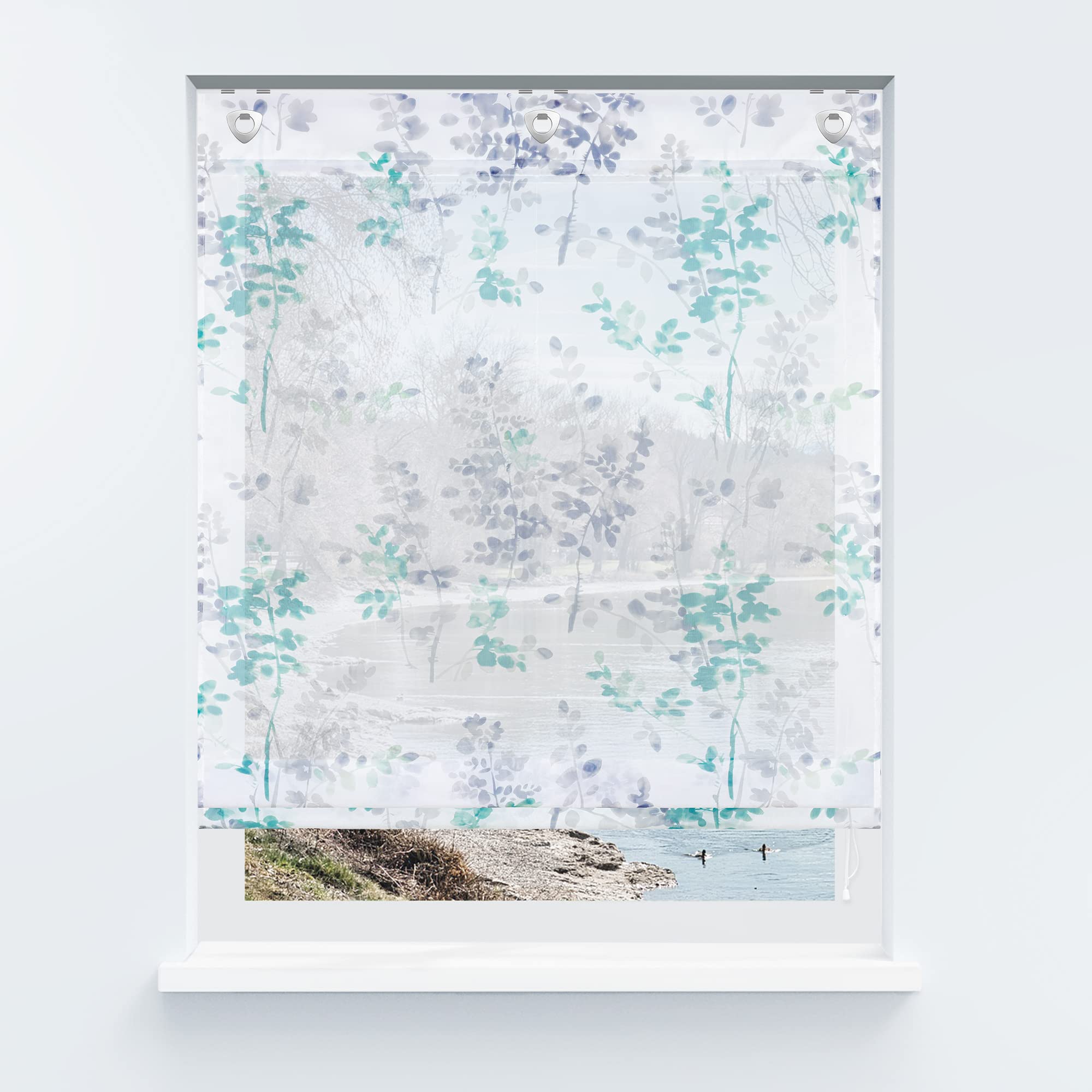 Yujiao Mao Sheer Roman Curtain Shades Branch Pattern Window Shade U-Hook Adjustable Balloon Shades for Small Windows or Kitchen Bedroom Bathroom Window,1pc (Green,W31 x L55 inch)