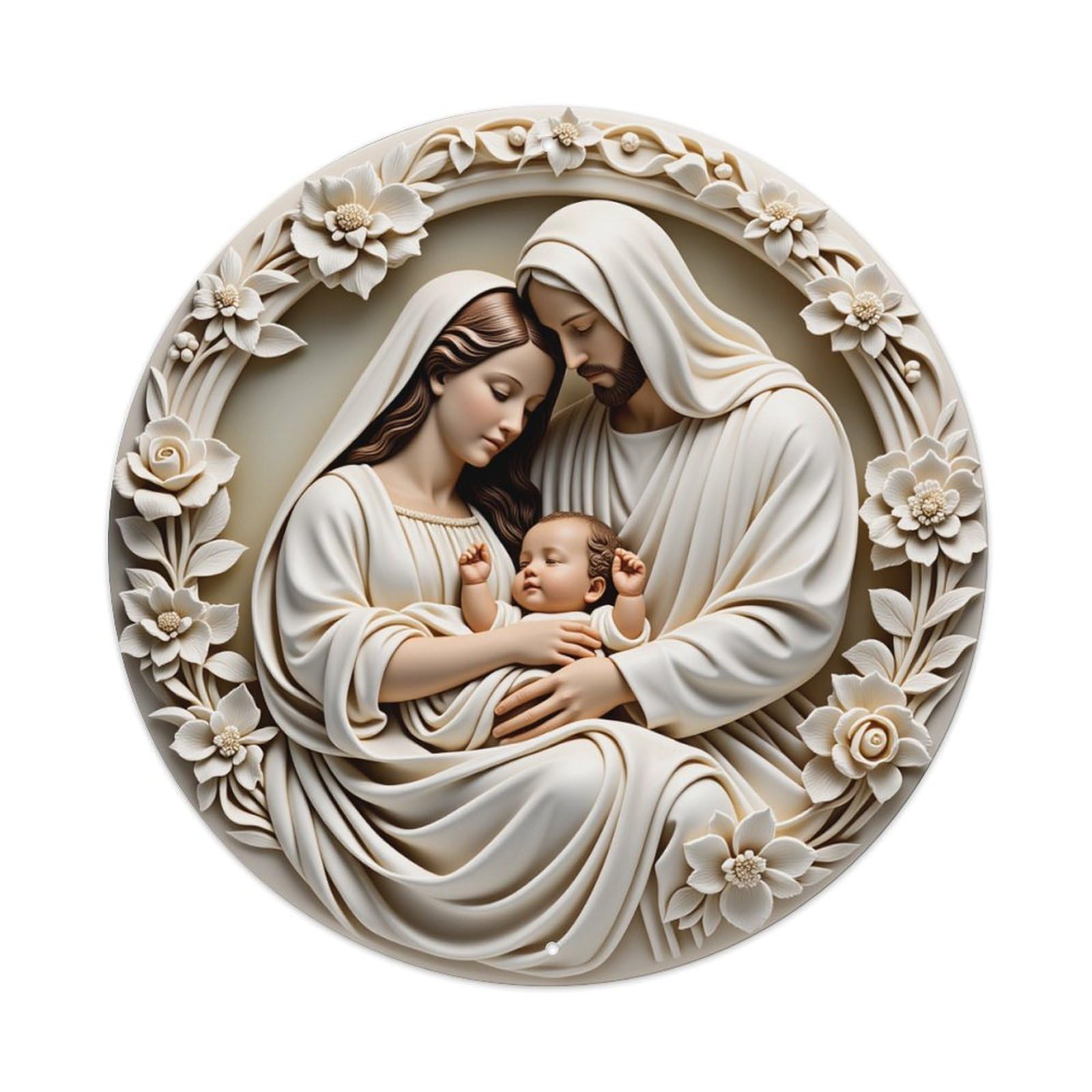 Holy Family With Flowers Round Tin Sign Vintage Metal Poster Retro Bar, Home, Man Cave, Kitchen, Laundry Room Wall Art Decor Gift 8x8In