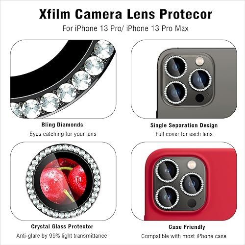 Miniatura 114 de Xfilm Protector de lente de cámara Bling para iPhone 14 Pro/14 Pro Max, dureza 9H a prueba de rayones, protector de anillo individual de metal