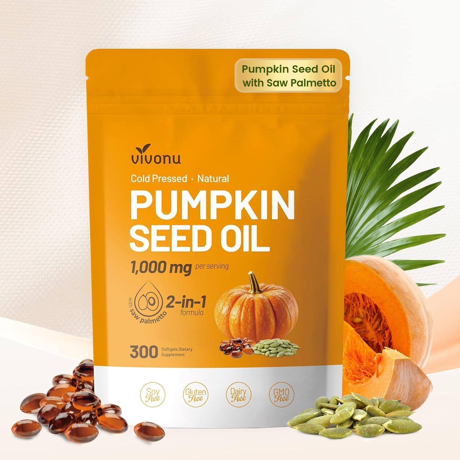 VivoNu Aceite de Semilla de Calabaza - Saw Palmetto & Pumpkin Seed oil - 1000 mg - apoya el crecimiento del cabello, apoya la salud de la próstata - 300 unidades - Libre de Soja, Sin Gluten y Sin OMG