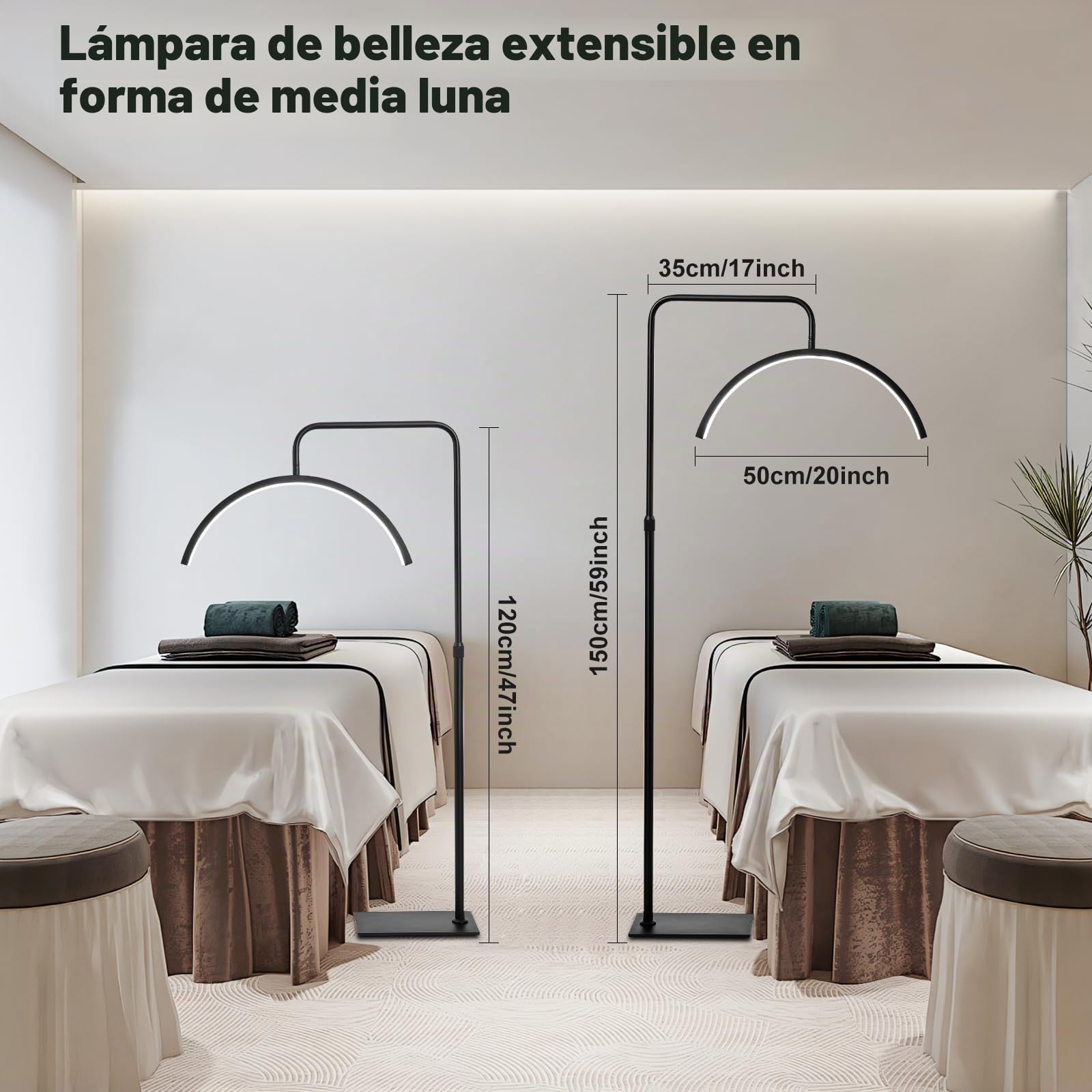 Lampara de Pie Curvada Forma de Media Luna Cabezal Ajustable 360° Altura Ajustable Lámpara de Pie LED Atenuación 3 Colores Extensión Pestañas y Nelleza Luz Relleno Diaria Lampara de Pie Salon