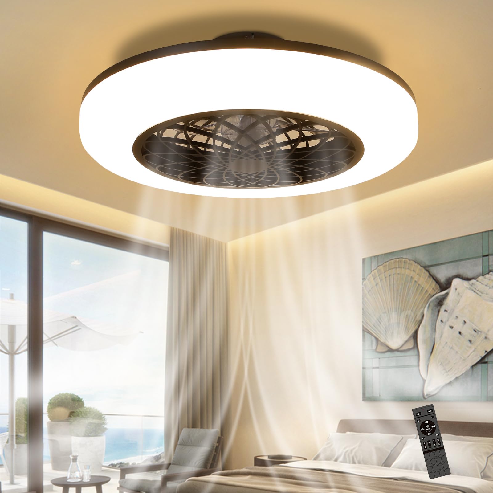 Dobecd Moderne Deckenventilator Mit Beleuchtung 6 Geschwindigkeiten Dimmbar Lampe Mit Ventilator Fernbedienung Und APP Reversibel DC Leise Wohnzimmer