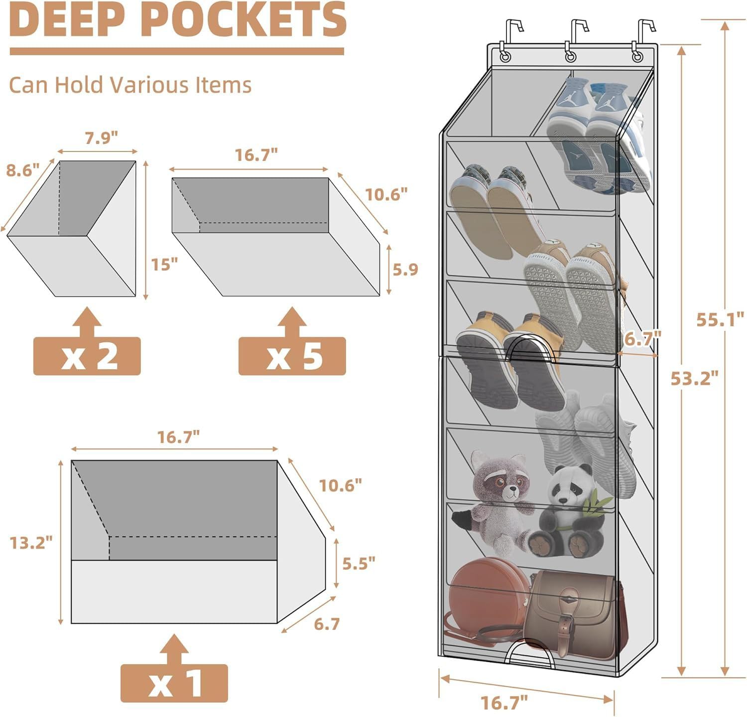 Organizador de zapatos sobre la puerta, almacenamiento de 7 niveles a prueba de polvo para zapatos, 8 bolsillos grandes, soporte para ahorrar espacio con ganchos para armario o dormitorio