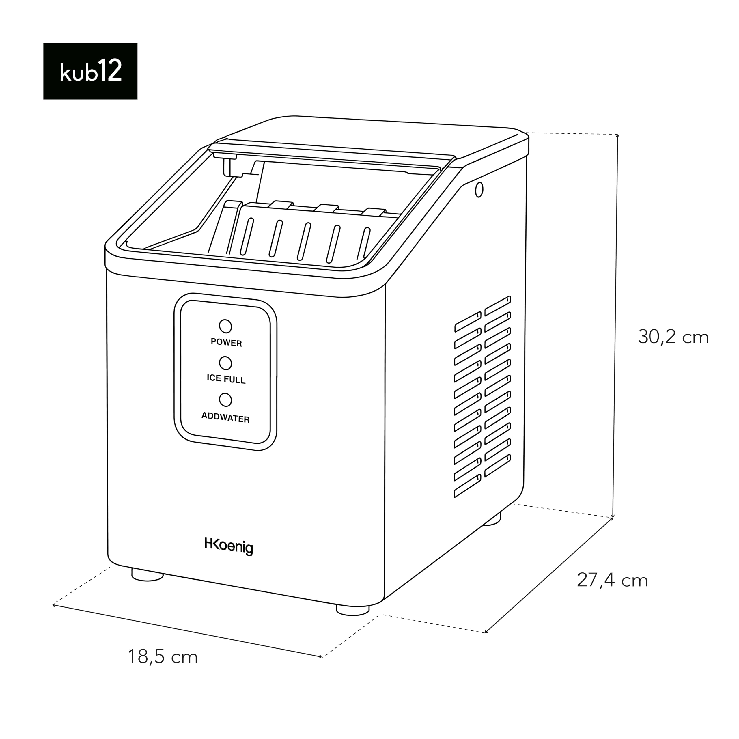 H.Koenig Macchina per il ghiaccio KUB12, 12 kg in 24 ore, compatta, silenziosa, portatile, serbatoio da 1L, cubetti pronti in 6 minuti, paletta per il ghiaccio