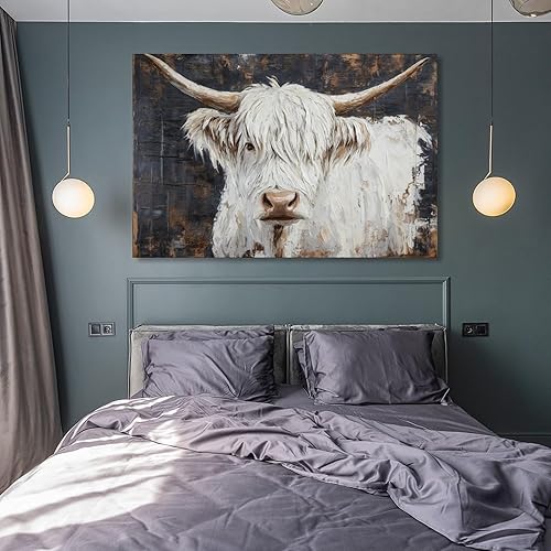 Miniatura 8 de Arte De Pared De Ganado De Las Tierras Altas, Vaca Con Margarita, Paisaje De Arbusto, Decoración De Pared De Granja Para Sala De Estar, Pasillo,