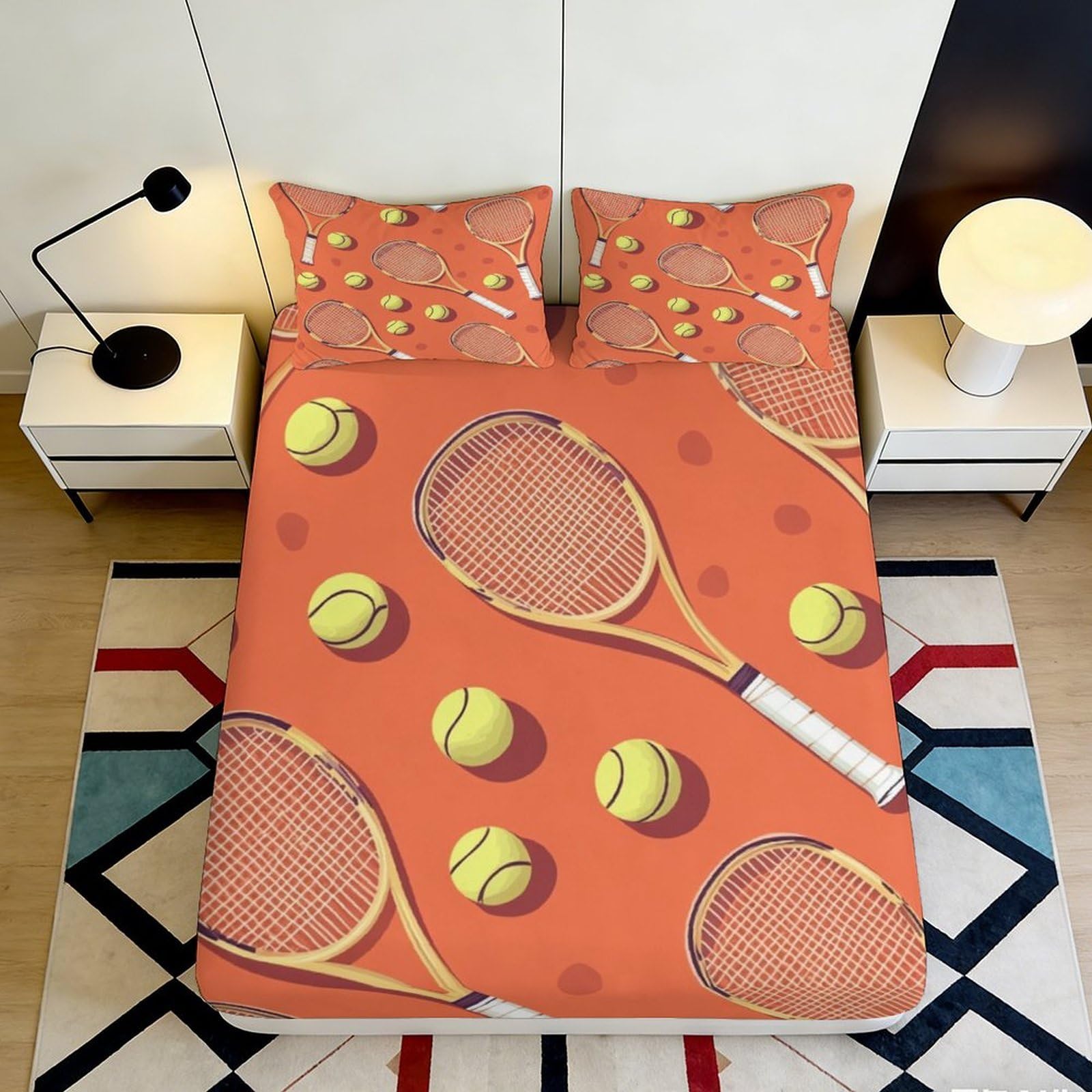 3D Printed Tennis Racket Fitted Sheet Microfiber Soft Breathable Tennis Ball Mattress Cover for Bedroom Guest Room Decor 90x200x25cm