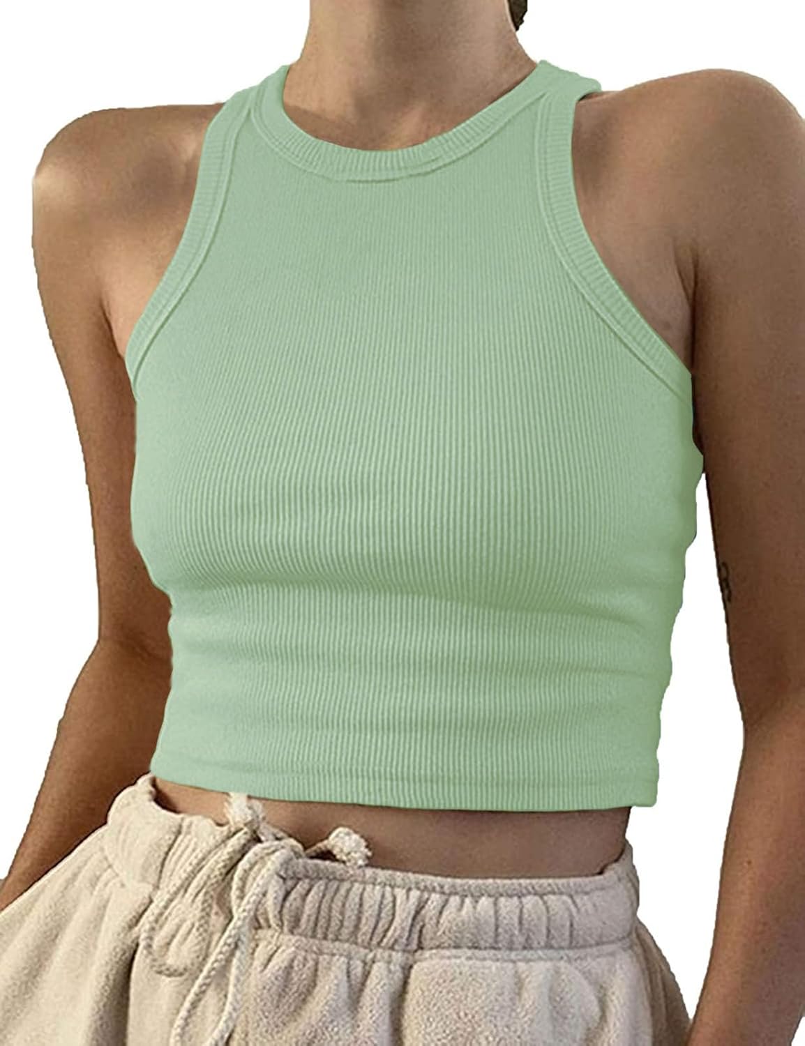 Artfish Women Casual Basic Sleeveless High Neck Rib-Knit Y2k Crop Tank Top