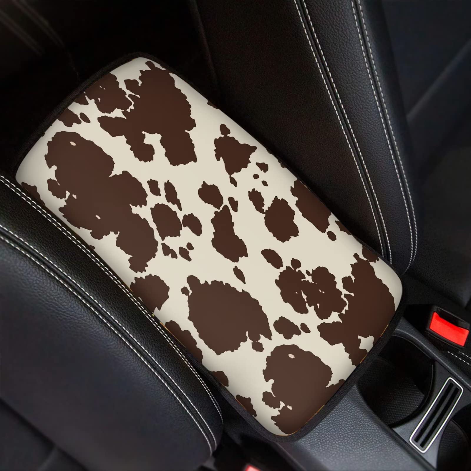 DreaweetBrown Cow Print Auto Center Console Pad, Breathable Car Armrest Seat Box Cover Protector Universal Fit Cushion for Most Cars