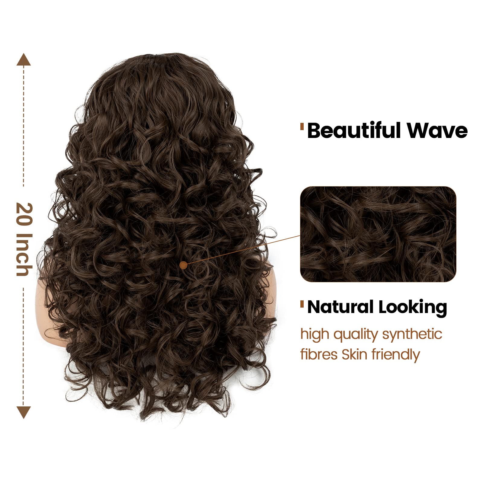 FLUFYMOOZ Curly Wig with Bangs for Black Women 20 Inch Dark Brown Curly Gorgeous Shag Hair Wig - Image 3
