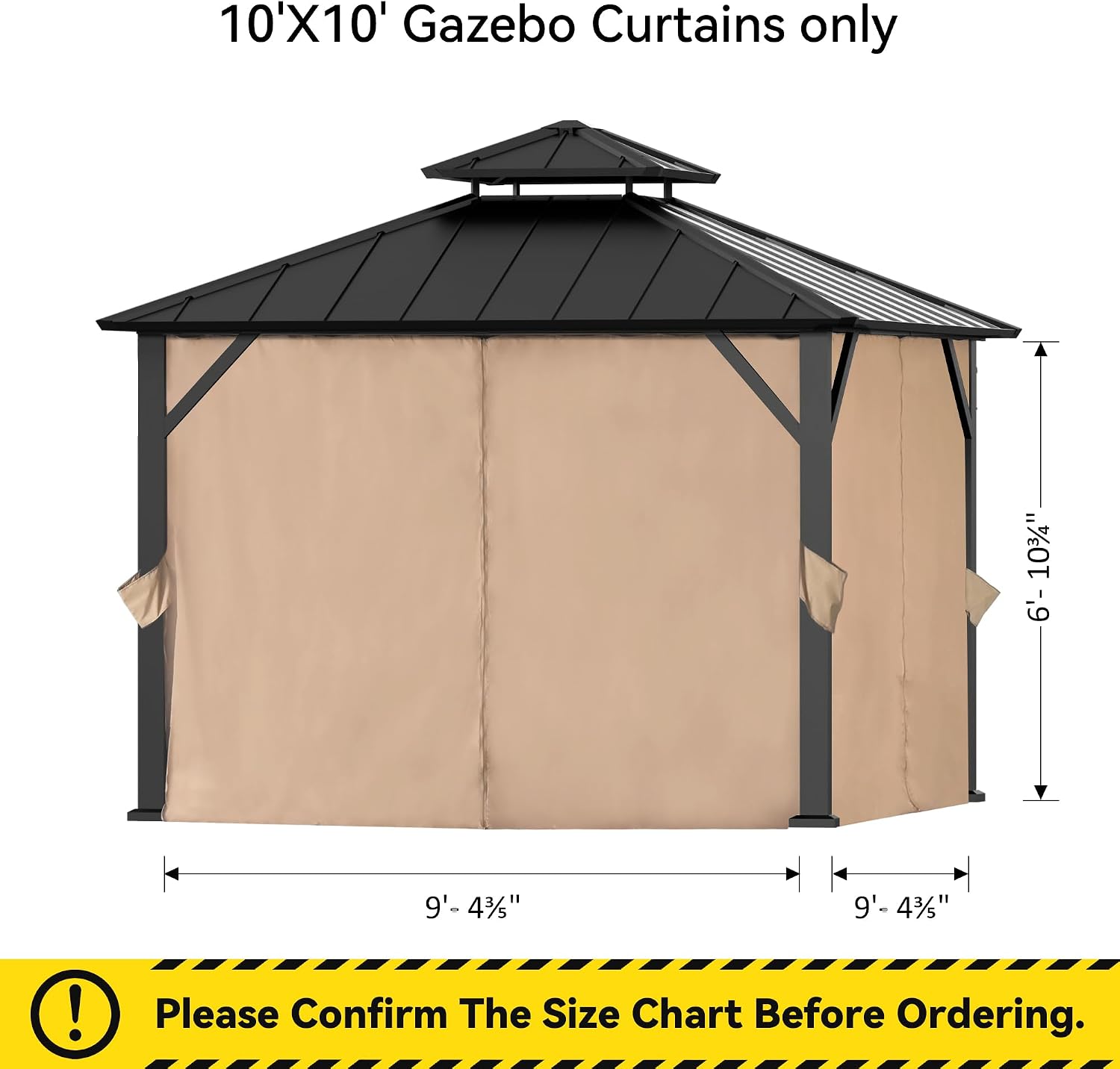 Covered Outdoor Gazebo Curtain Replacement Universal 4-Panel Sidewalls 10' x 10', Outdoor Gazebo Privacy Curtains with Zipper, Replacement for Outdoor, Patio Canopy, Garden and Backyard (Curtain Only)