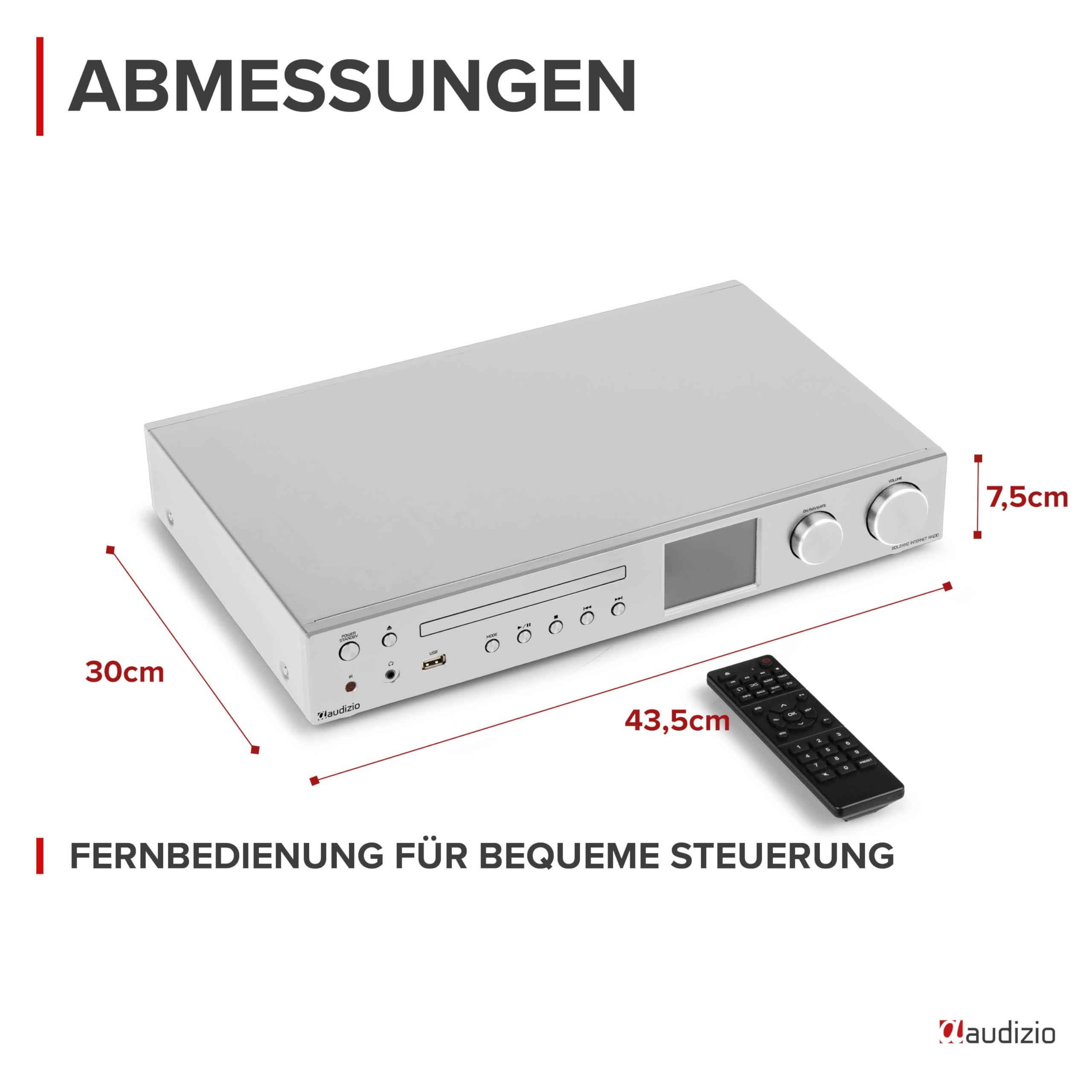 Audizio Bolzano, Internetradio WLAN, DAB Radio mit CD-Player, Spotify Player, Receiver 2x50 Watt, Bluetooth, Wecker, Fernbedienung, App-Steuerung, Toslink, Subwoofer-Anschluss, DAB+ FM, Silber
