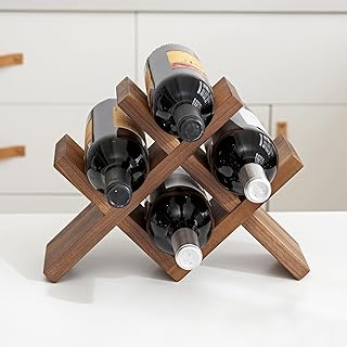 Walnut Wood Wine Storage Rack Countertop, 4 Bottle Wine Rack Free Standing Wine Storage, Wine Shelf Organizer, Perfect for Home Décor and Wine Gifts, No Need Assembly (Walnut)