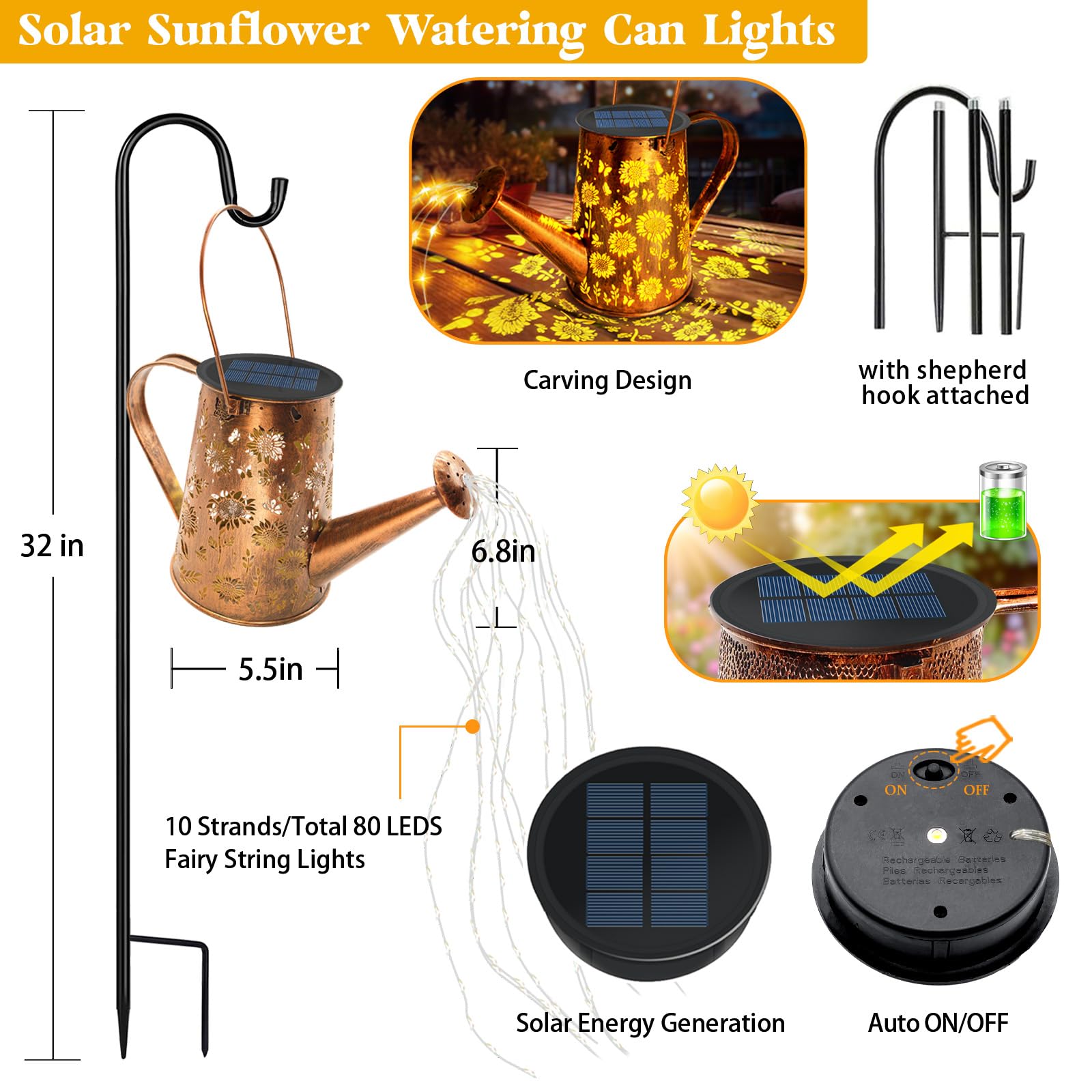 Luci solari per annaffiatoio a forma di girasole, regalo per donne, mamma, nonna, compleanno, grande lanterna solare da appendere, impermeabile, decorazioni da giardino per cortile, portico,