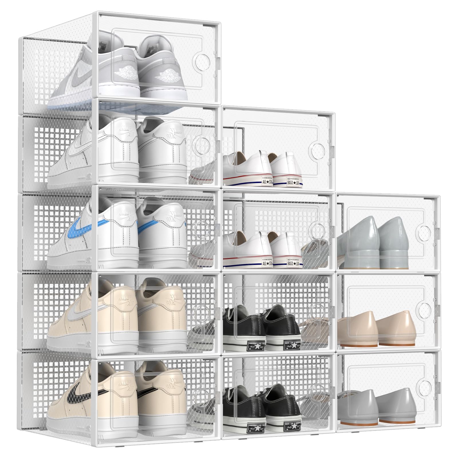 SALA Large Clear Shoe Boxes Stackable, 12 Pack Foldable Storage Bins with Lids, Clear Plastic Stackable Shoe Organizer for Closet, Space Saving Foldable Shoe Rack Sneaker Container Bin Holders