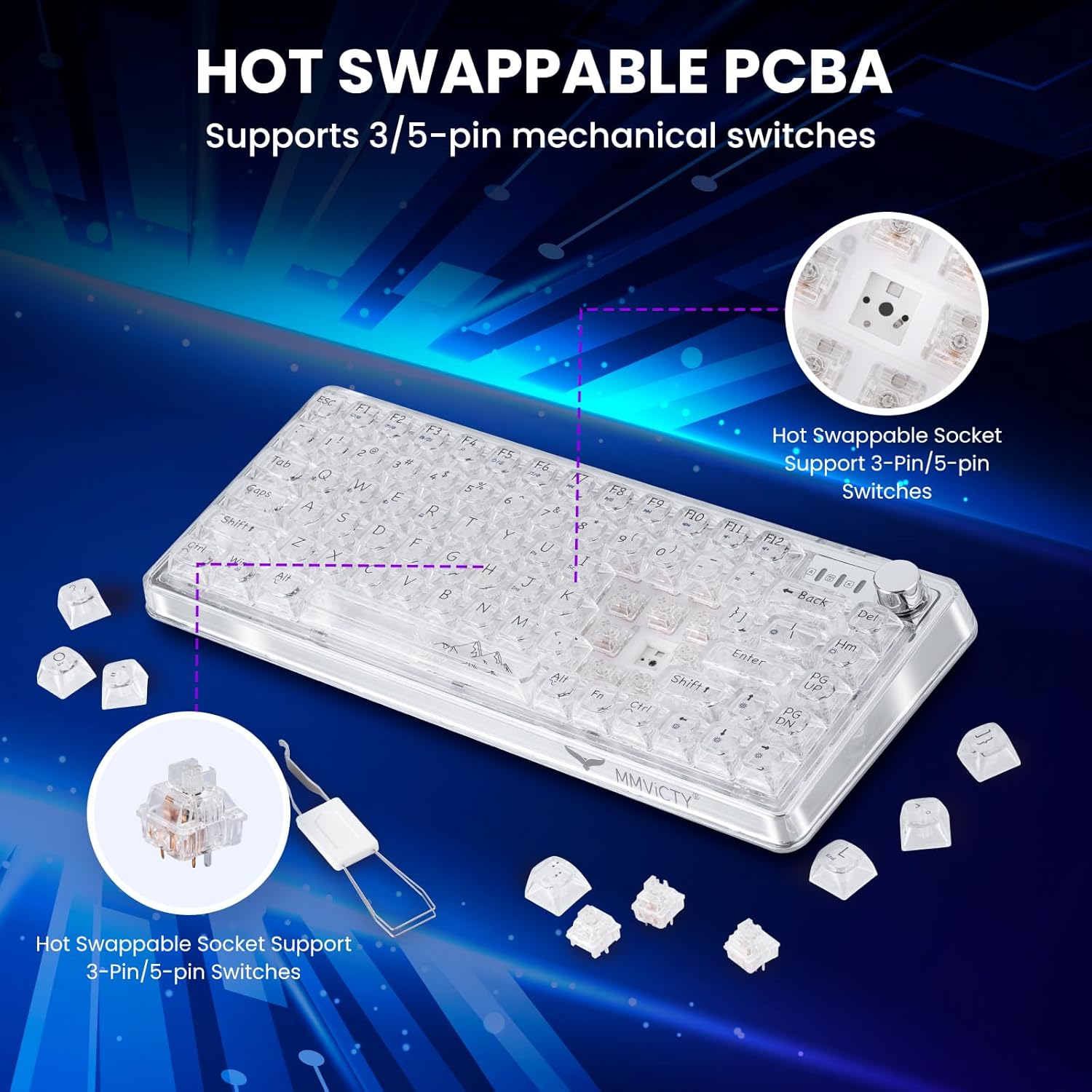 MY-V82 75% Tri-Mode Wireless Mechanical Gaming Keyboard, Bluetooth 5.0/2.4GHz/USB-C，Keyboard with Knob， RGB Backlit, Hot-Swappable, Electroplated Metal Case, for Win/Mac Gamers