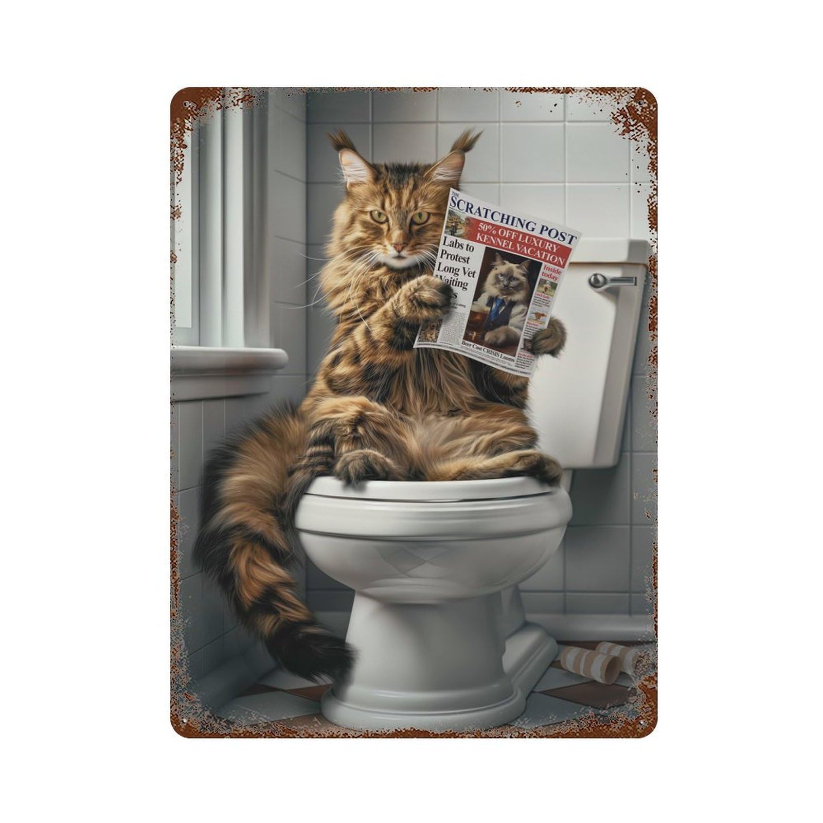 Rust Effect Maine Coon Cat on Toilet Aged Metal Wall Plaque 15.7"x11.8", Rustic Home Decor for Bistro, Counter And Cafe Decor