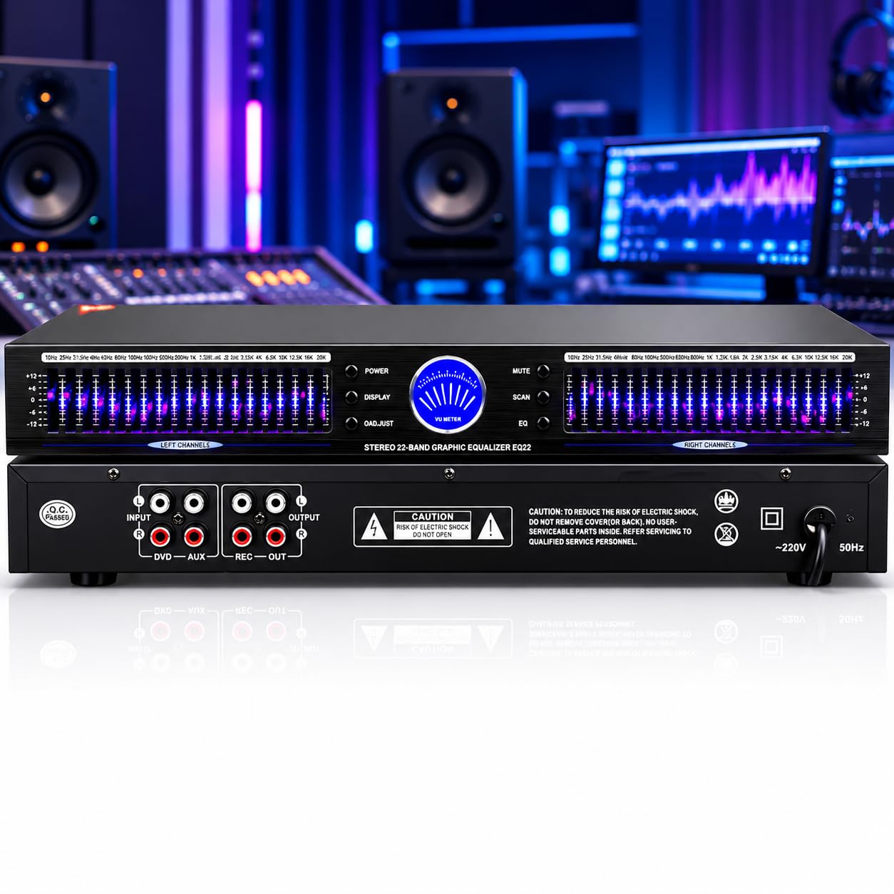 TsoLay 22 Bands Audio Equalizer, Stereo Graphic Equalizer with LED Music Spectrum Analyzer, 10 Preset Effects and Automatic Noise Reduction, Dual Channel 1U Rack Mount for Home and Studio